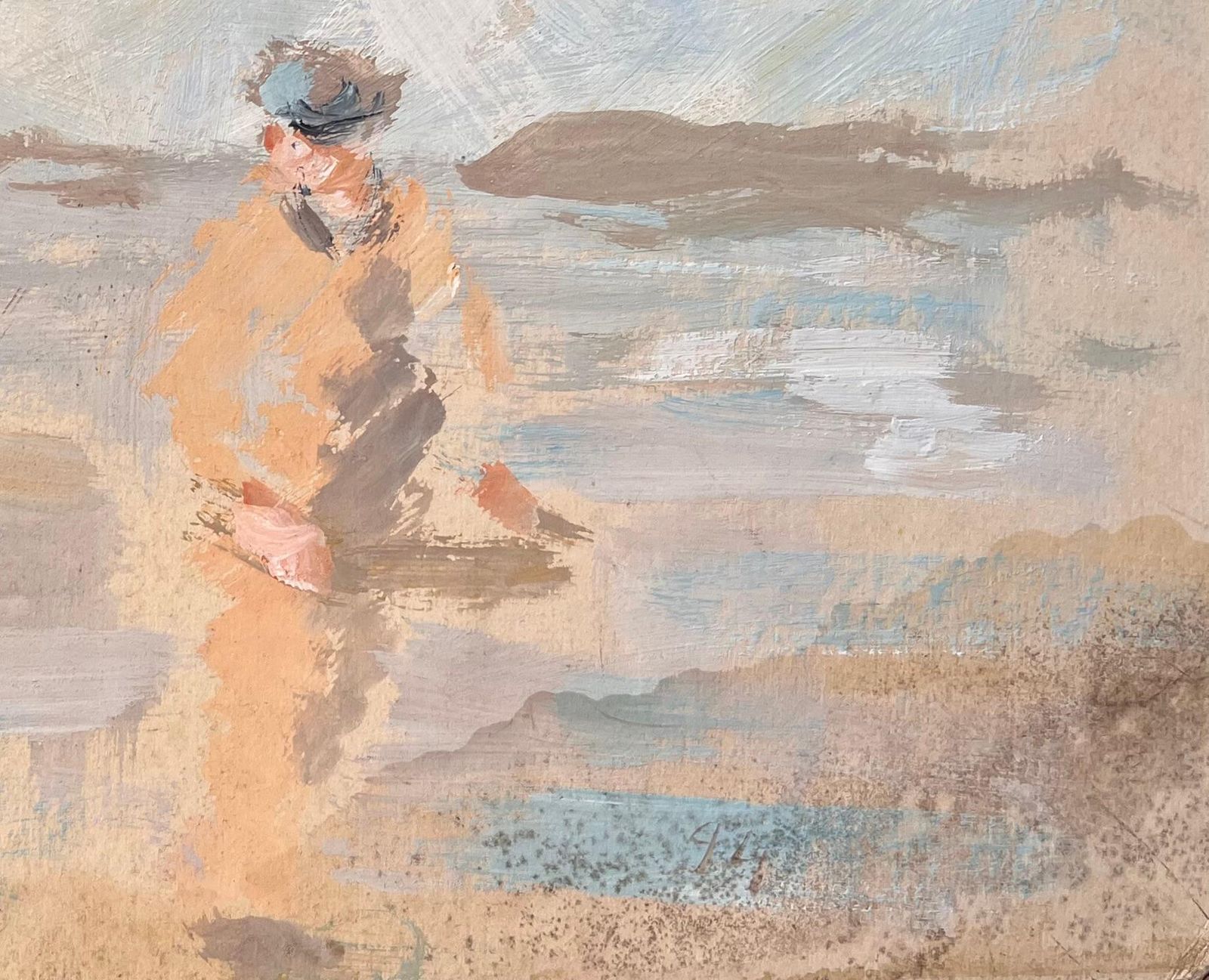 F.T Rousselimpressionist Beach Scene With Fisherman And Woman Walking Under Seagulls1994 photo for sale