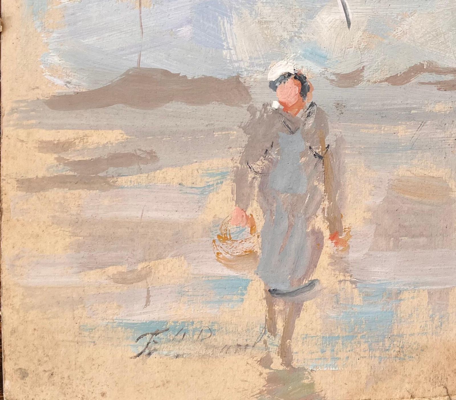 F.T Rousselimpressionist Beach Scene With Fisherman And Woman Walking Under Seagulls1994 photo 622.0