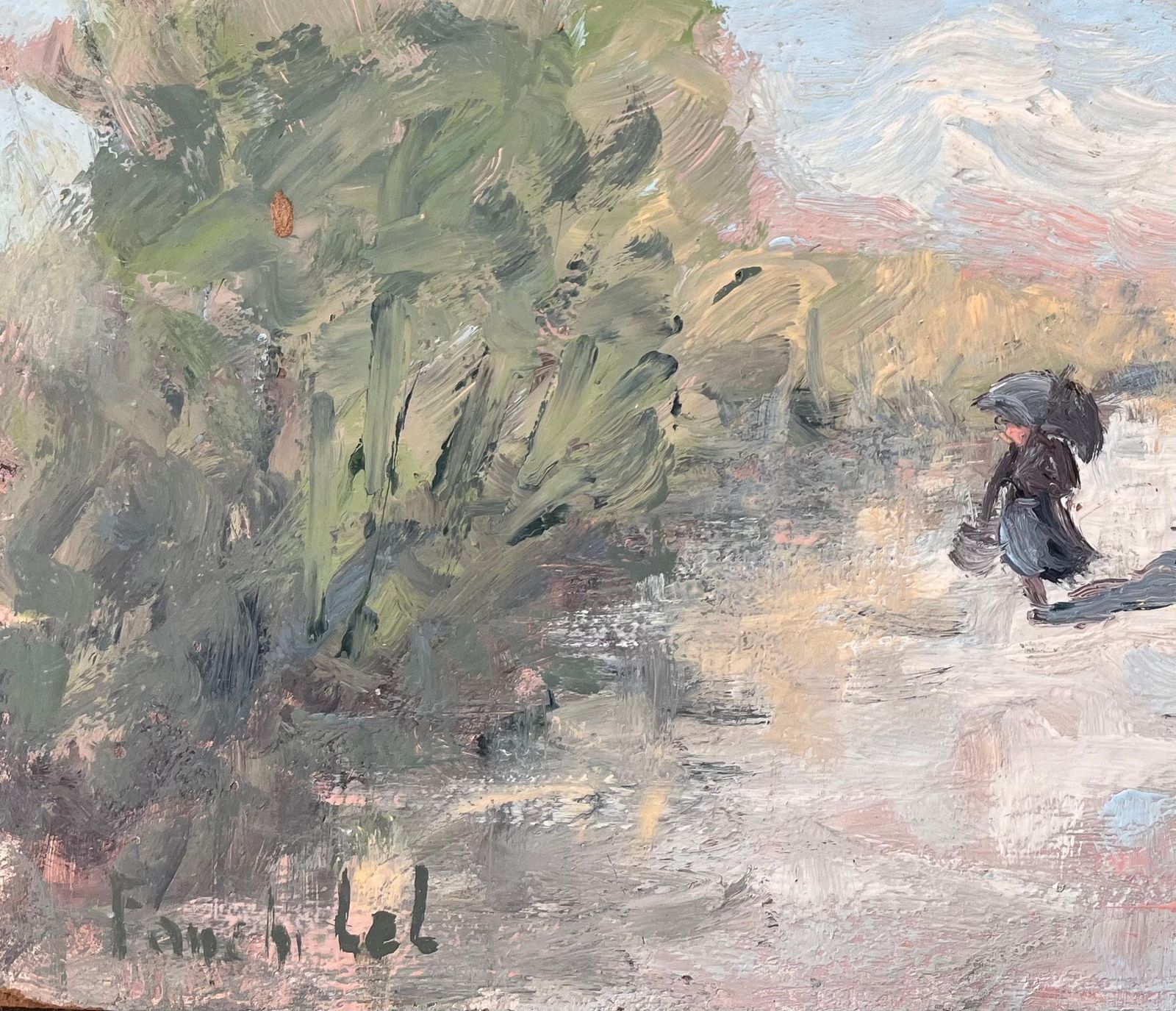 Fanch Lelfrench Impressionist Countryside Walk With Figure Holding An Umbrella photo for sale