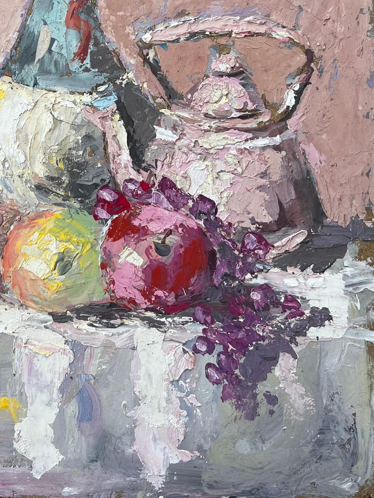 Fanch Lelimpasto Still Life With Chianti Bottle Wine Glass Pewter Jug And Fruit On Linen photo for sale