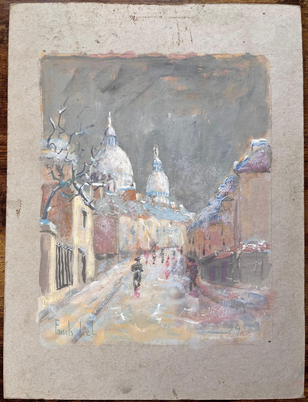 Fanch Lelimpressionist French Gouache Of Sacré Cœur Paris In Snow With Figures1994 photo furniture