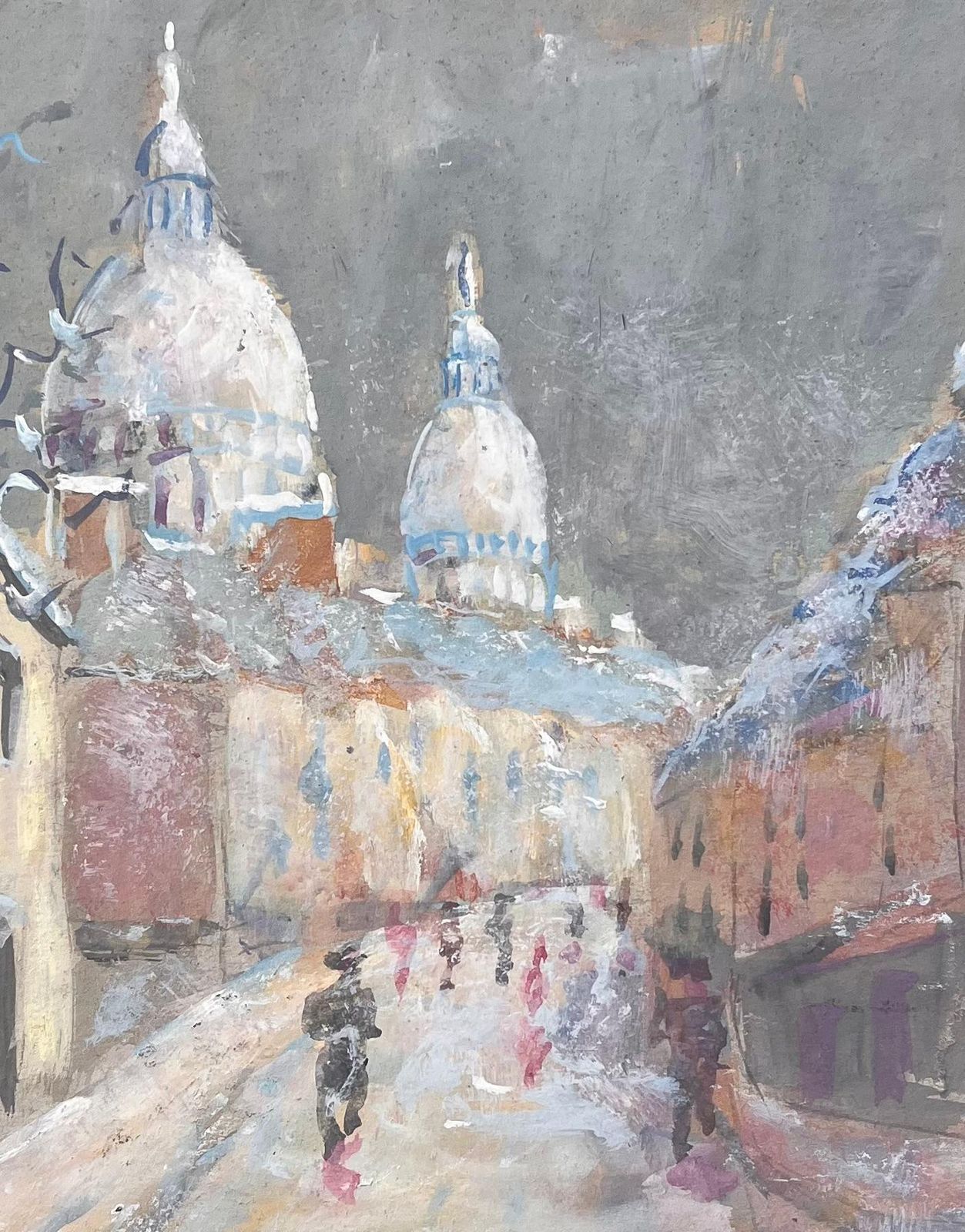 Fanch Lelimpressionist French Gouache Of Sacré Cœur Paris In Snow With Figures1994 photo buy