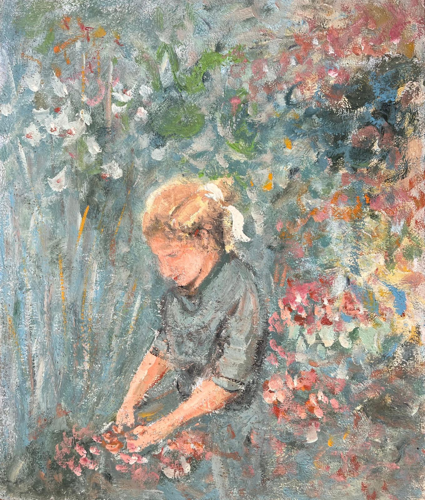 Fanch Lelimpressionist Painting Of A Young Girl Gathering Flowers In A Garden