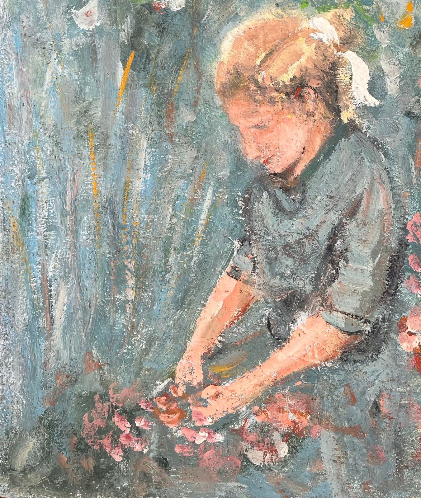 Fanch Lelimpressionist Painting Of A Young Girl Gathering Flowers In A Garden photo for sale