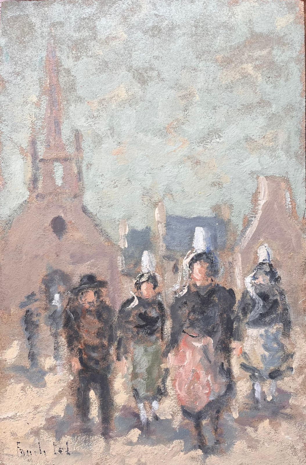 Fanch Lelfrench Impressionist Painting Of Breton Women Leaving Church Sortie De Messe