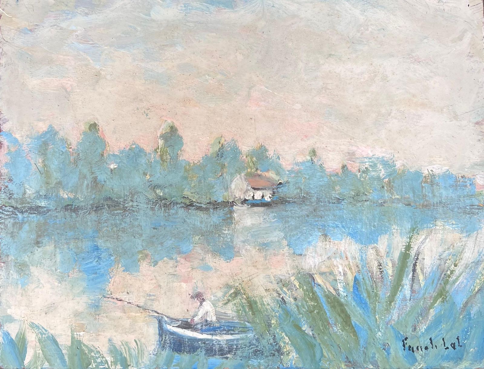 Fanch Lelfigure Fishing In Mossy Summery Lake French Landscape Oil Painting19th Century