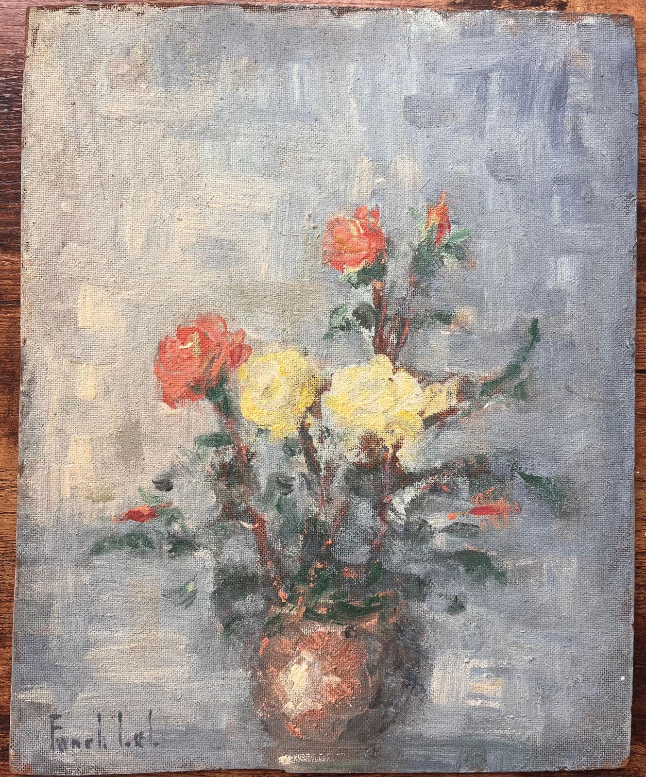 Fanch Lelfrench Impressionist Still Life Of Yellow And Red Roses In Copper Vase photo furniture