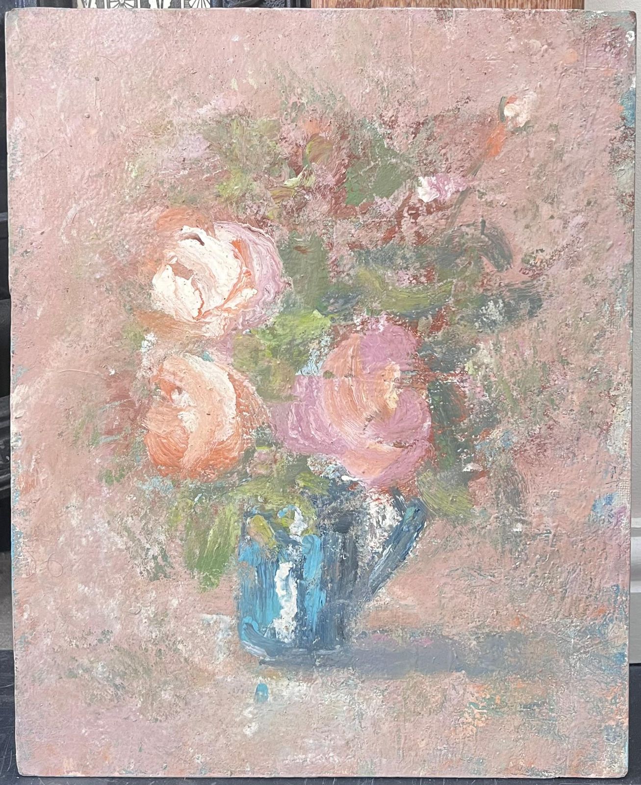 Fanch Lelpink Roses In Blue Vase Interior French Landscape Oil Painting19th Century photo furniture