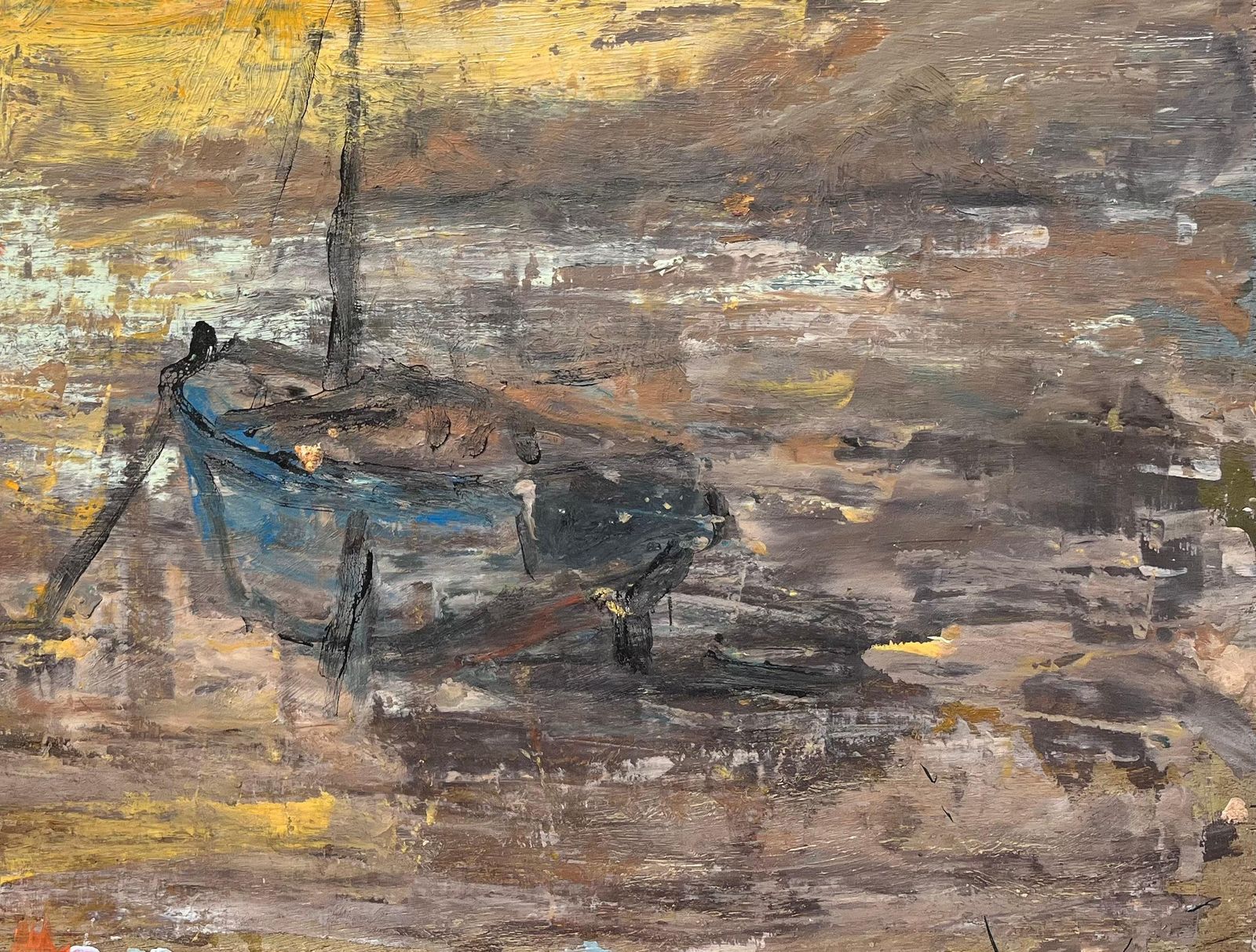 Fanch Lelfrench Impressionist Seascape Of Moored Boat At Sunset With Yellow Sky photo 535.0
