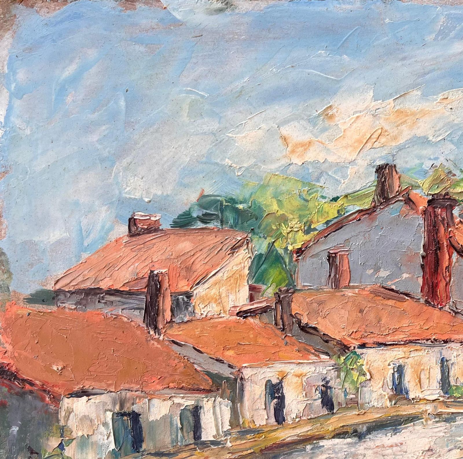 F. Le Layimpressionist French Village Market Scene With Red Roofs And Figures1984 photo vinterior