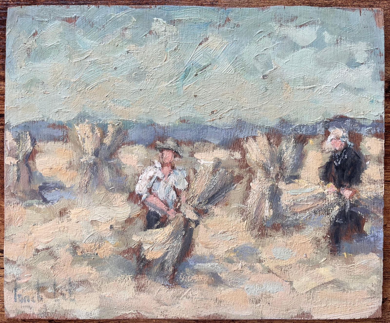Fanch Lelfrench Impressionist Oil Of Farmers Harvesting Wheat In Morning Light photo furniture