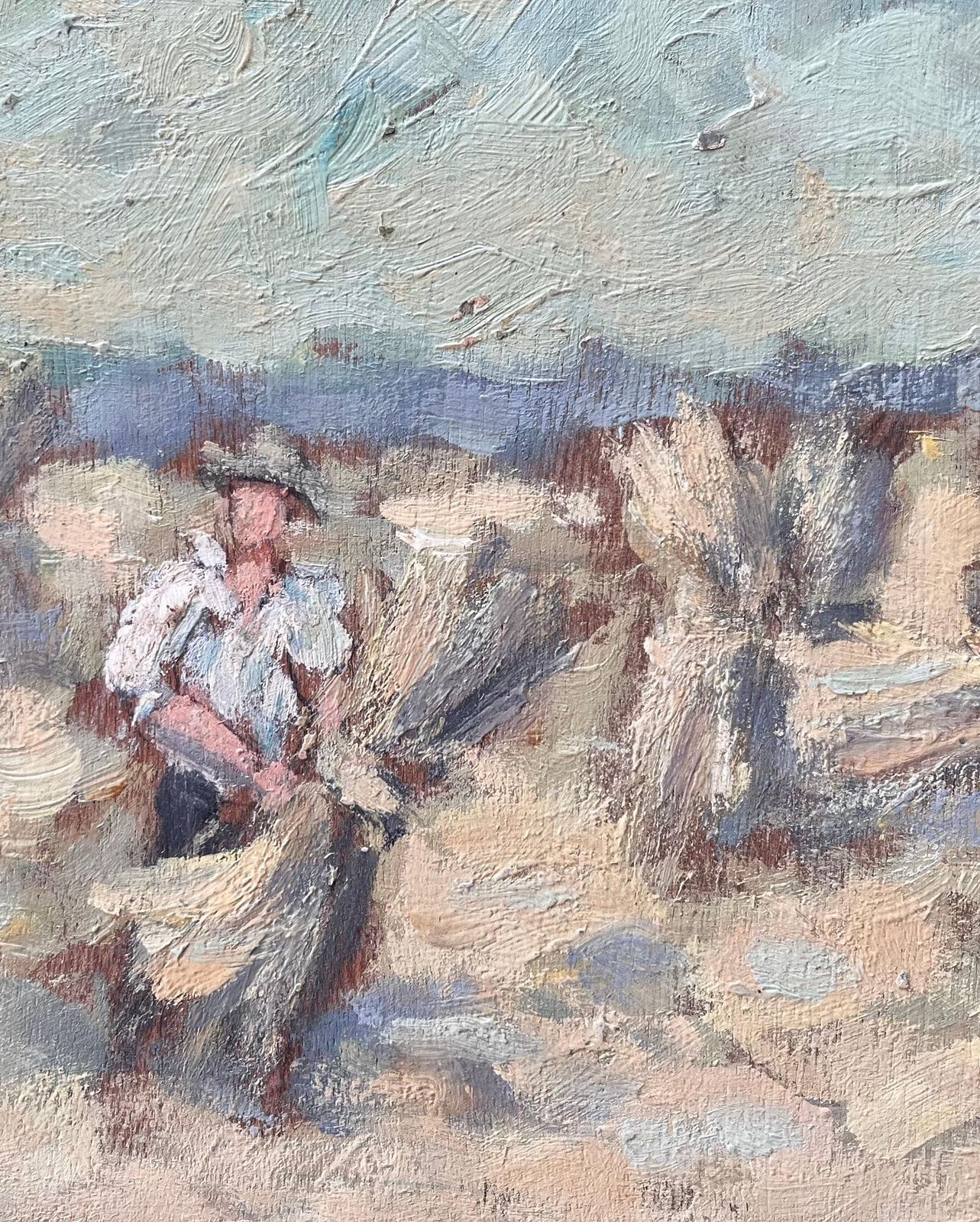 Fanch Lelfrench Impressionist Oil Of Farmers Harvesting Wheat In Morning Light photo buy