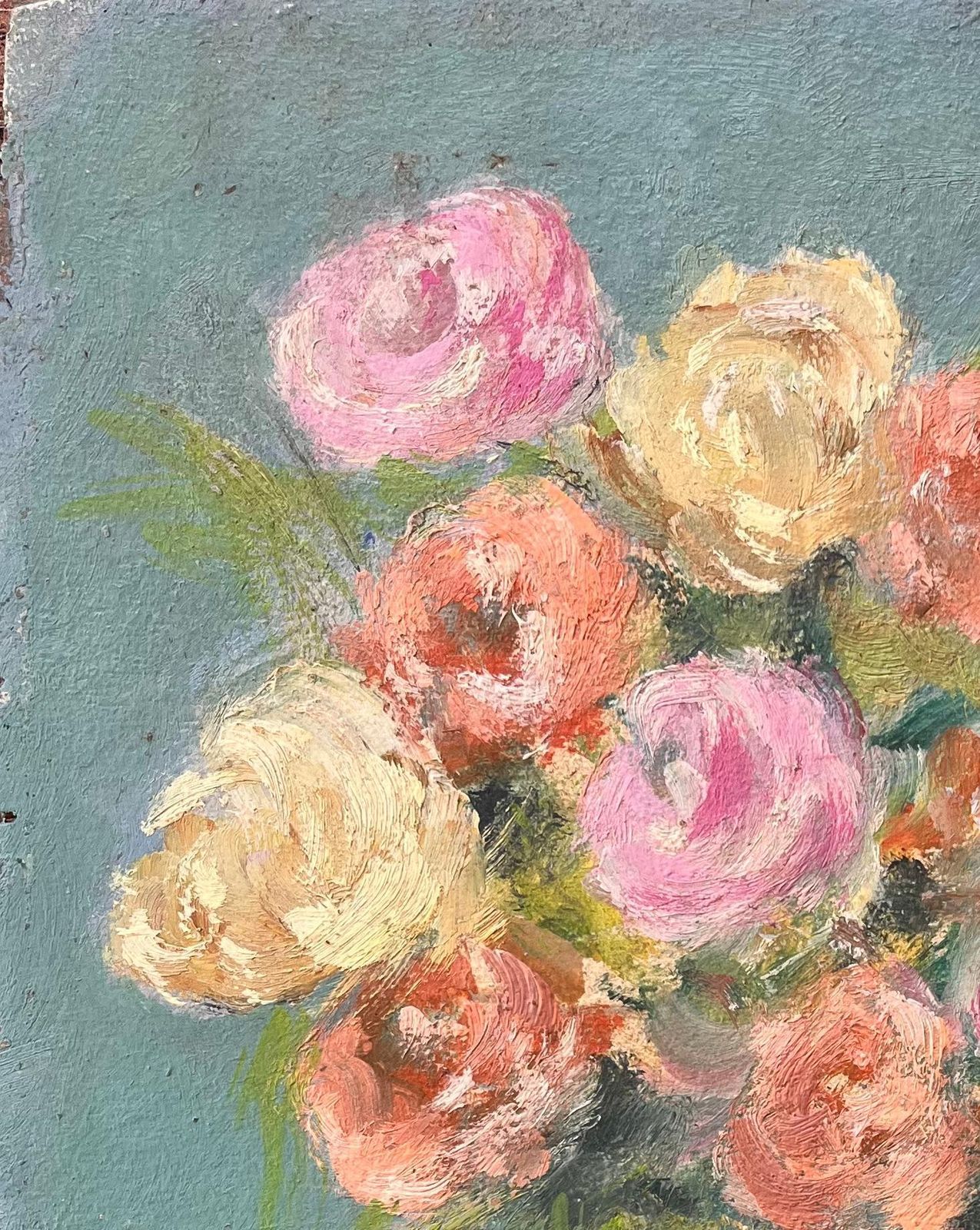 F. Le Layfrench Impressionist Still Life Of Pink And Peach Roses In Blue Vase photo for sale