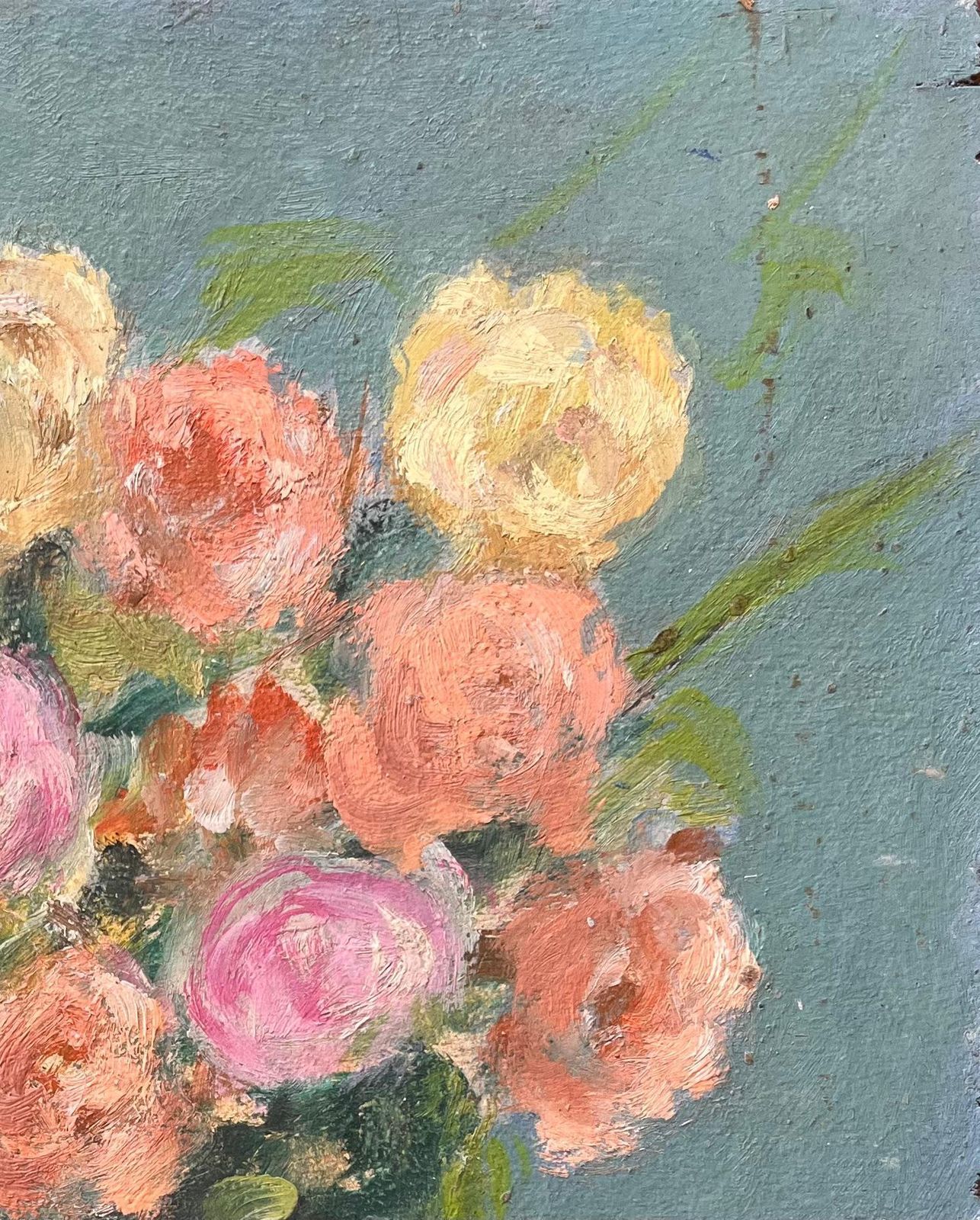 F. Le Layfrench Impressionist Still Life Of Pink And Peach Roses In Blue Vase photo Art