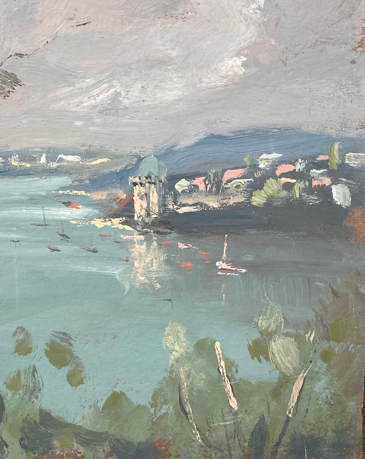 Fanch Lelfrench Impressionist Landscape Of Lakeside Town With Birch Tree And Boats photo for sale
