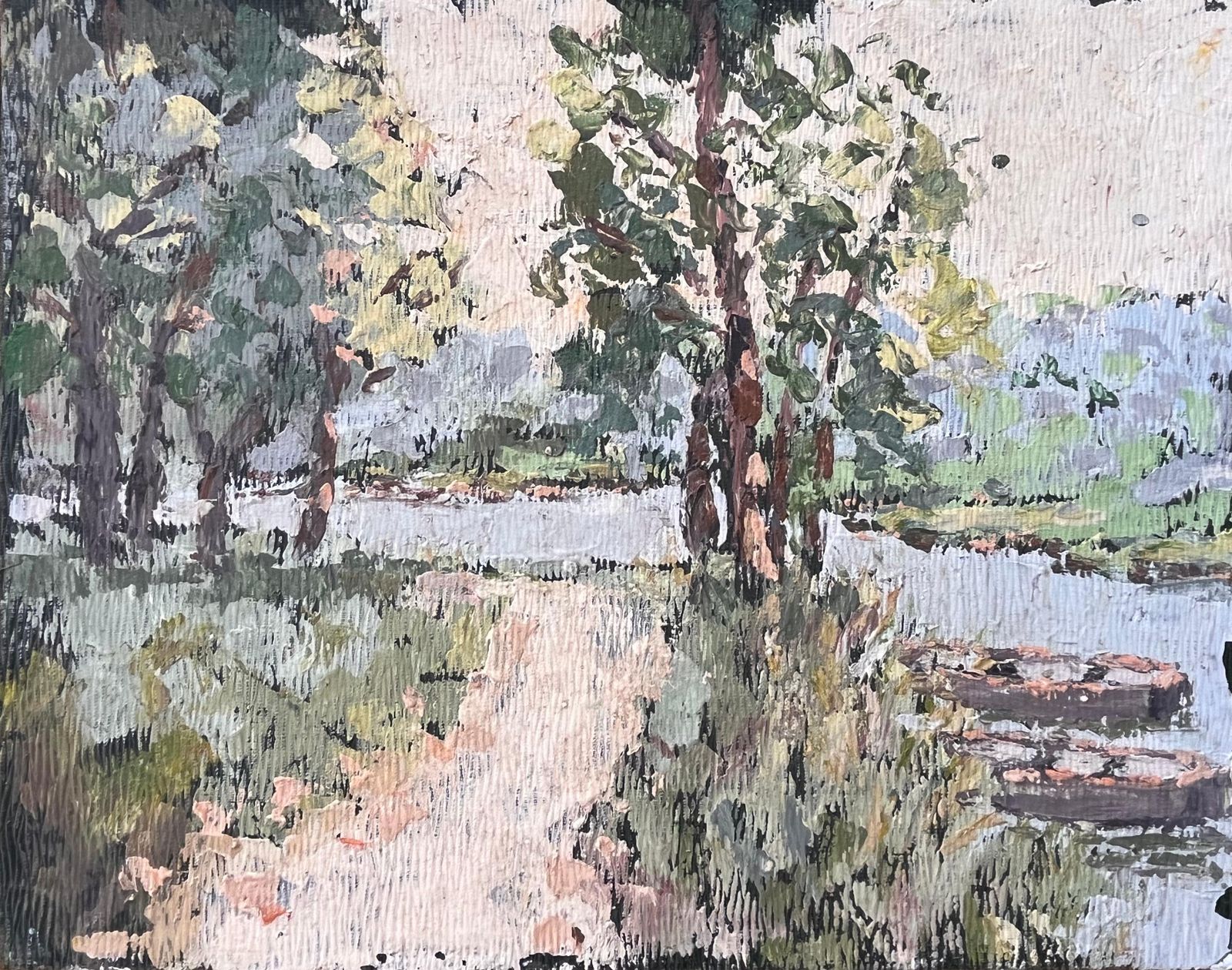 Fanch Lelimpressionist Forest River Scene With Path And Boats In Soft Summer Light