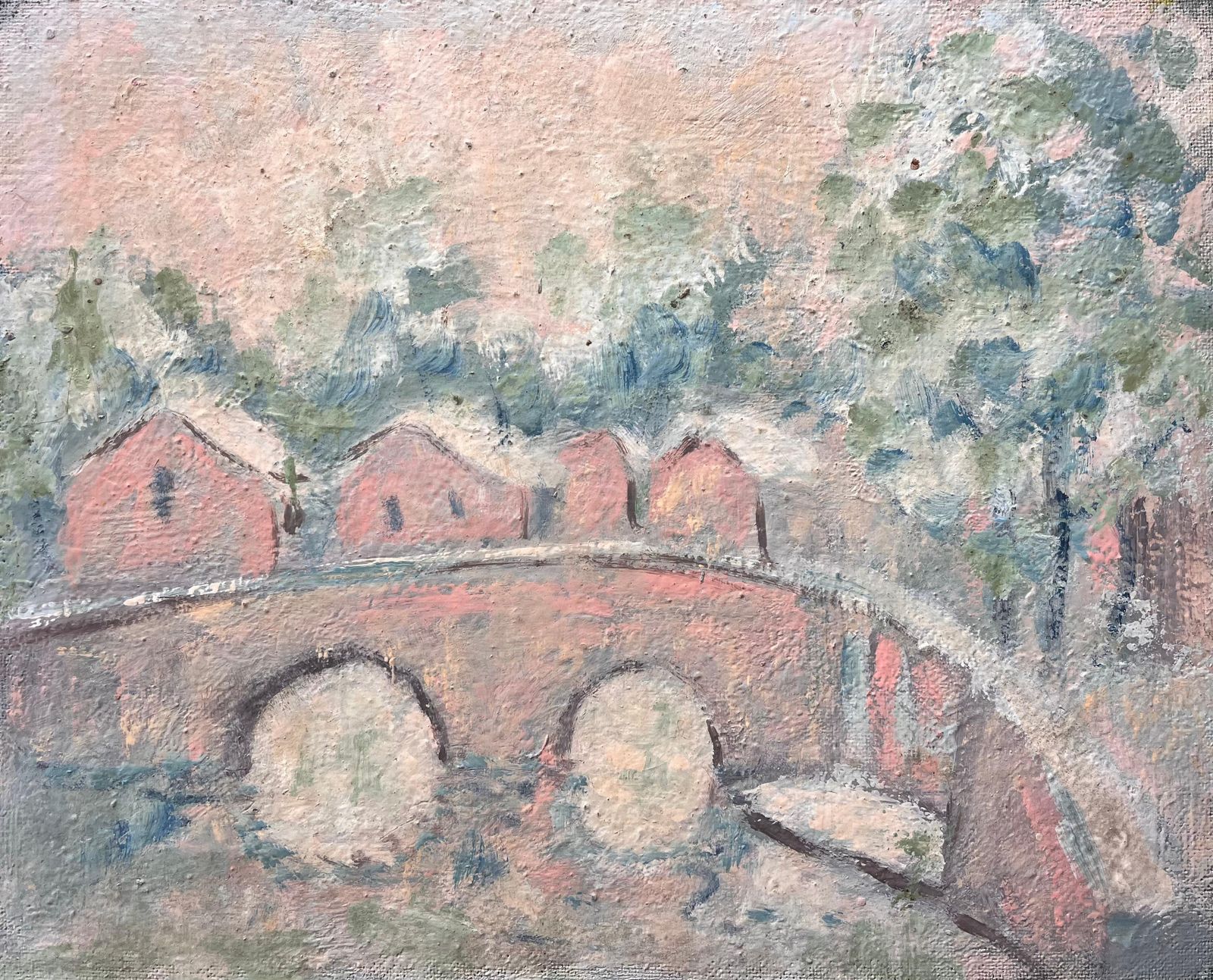 Fanch Lelfrench Impressionist Pastel Landscape Of Arched Bridge And Riverside Cottages