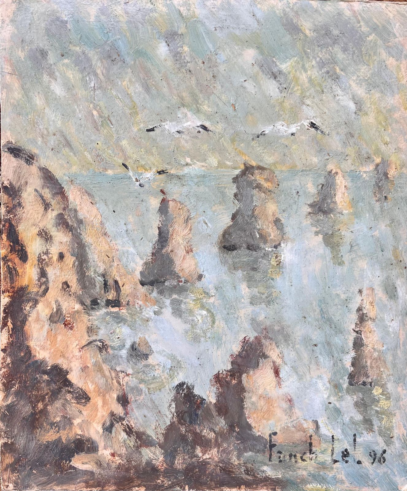 Fanch Lelfrench Impressionist Oil Painting Of French Seascape With Gulls And Sea Stacks1996