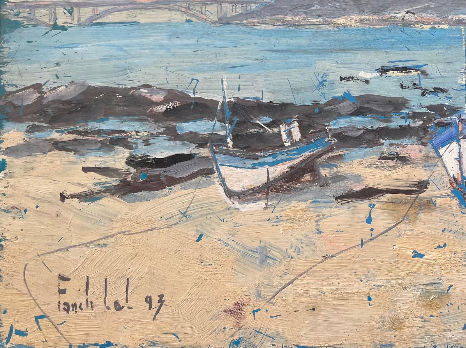 Fanch Lelimpressionist Coastal Scene Of Fishing Boats At Low Tide With Bridge View1993 photo 500.0