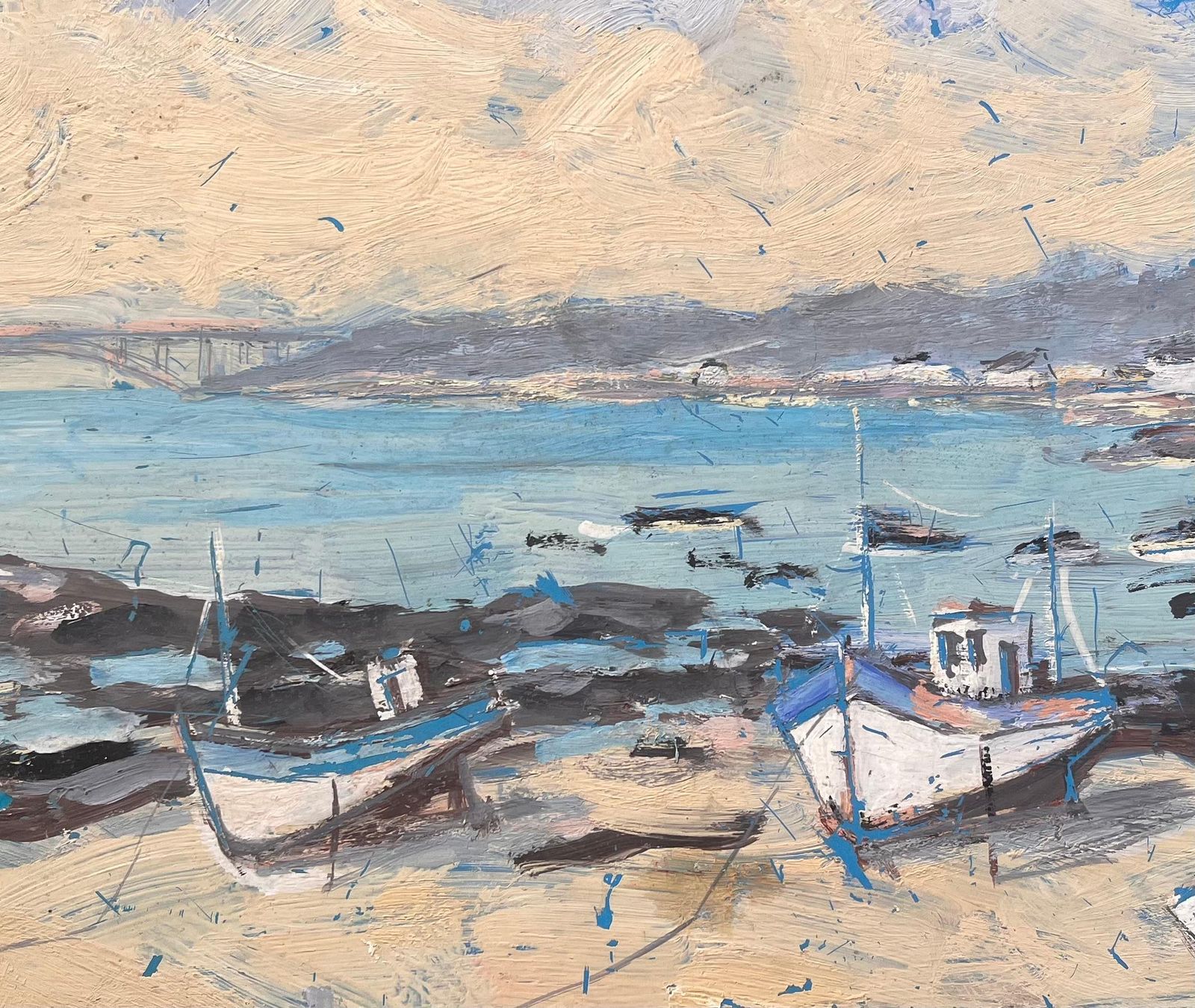 Fanch Lelimpressionist Coastal Scene Of Fishing Boats At Low Tide With Bridge View1993 photo buy