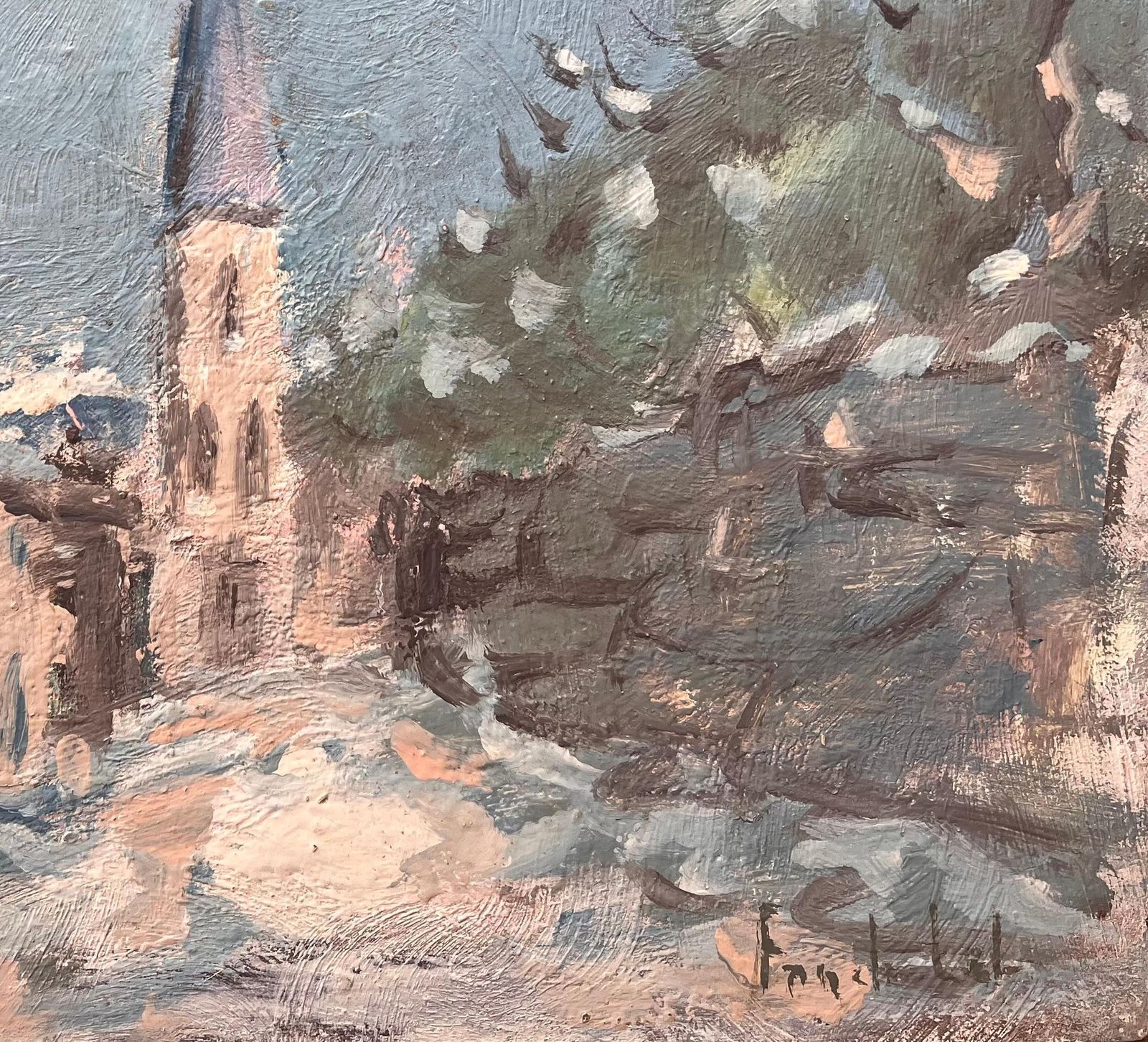 Fanch Lelfrench Impressionist Winter Street Scene With Church Spire And Snow photo 479.0