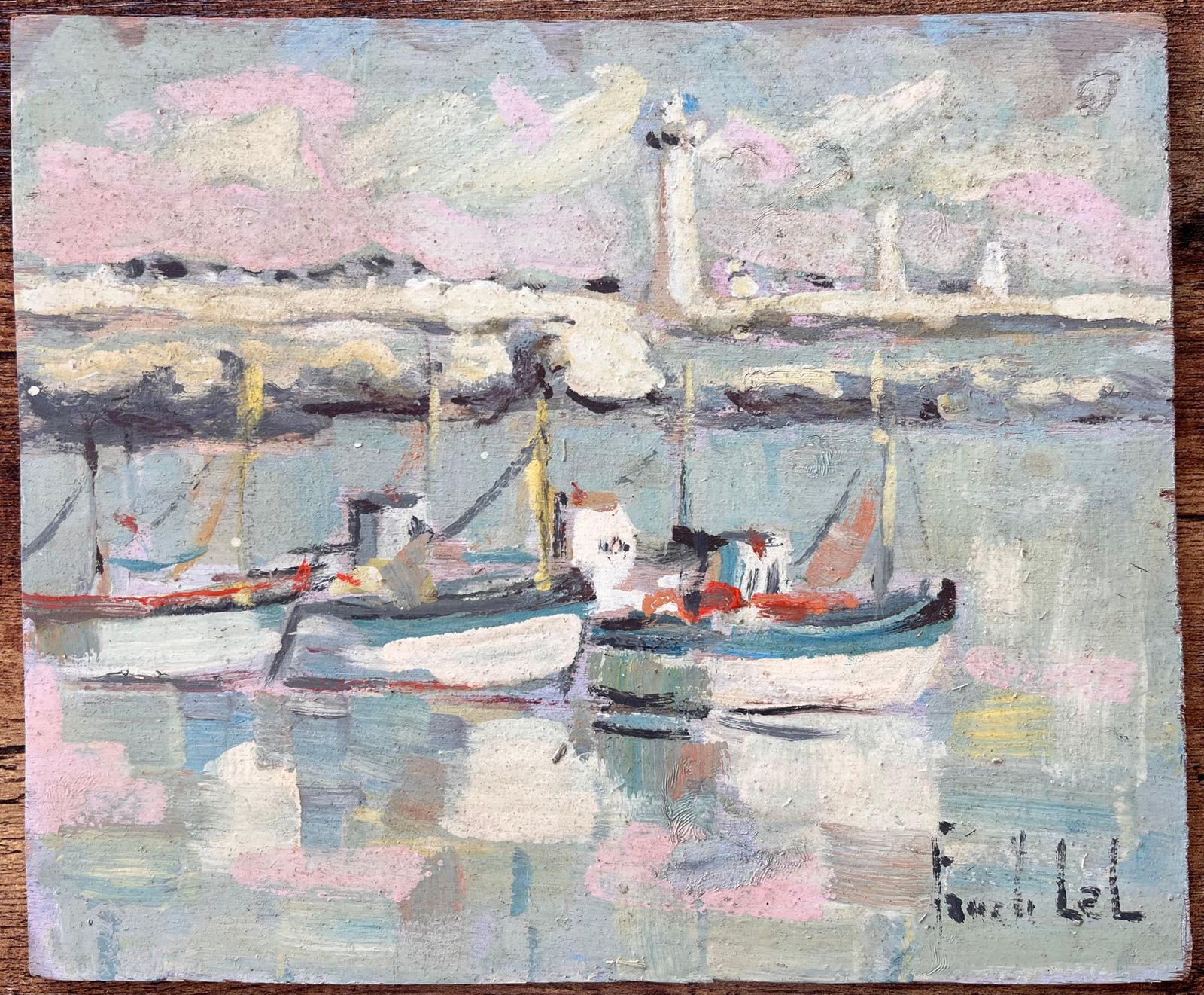 Fanch Lelfrench Impressionist Painting Of Moored Fishing Boats And Lighthouse photo furniture