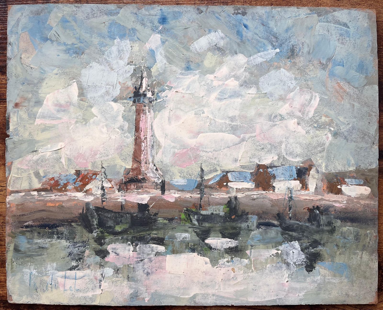 Fanch Lelfrench Impressionist Harbour Scene With Lighthouse Boats And Reflections photo furniture