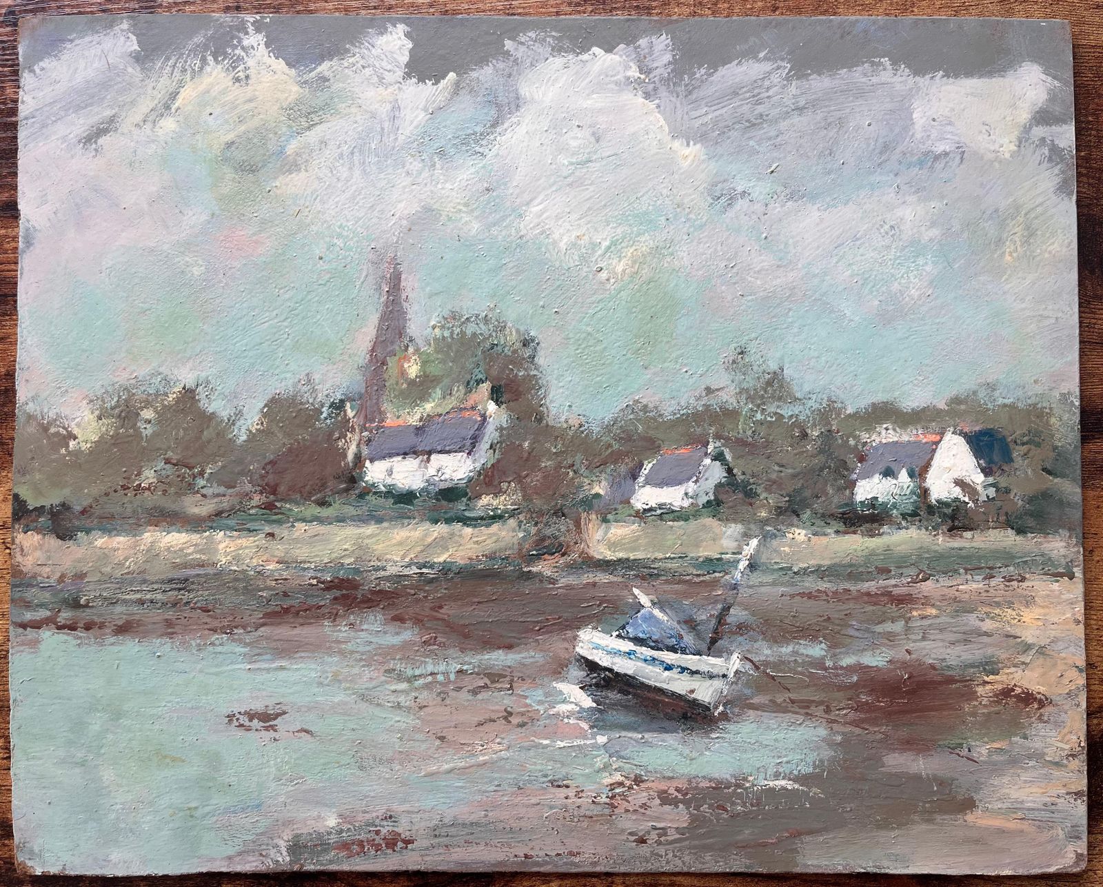 Fanch Lelfrench Impressionist Riverbank Scene With Sailboat And Church Spire photo furniture