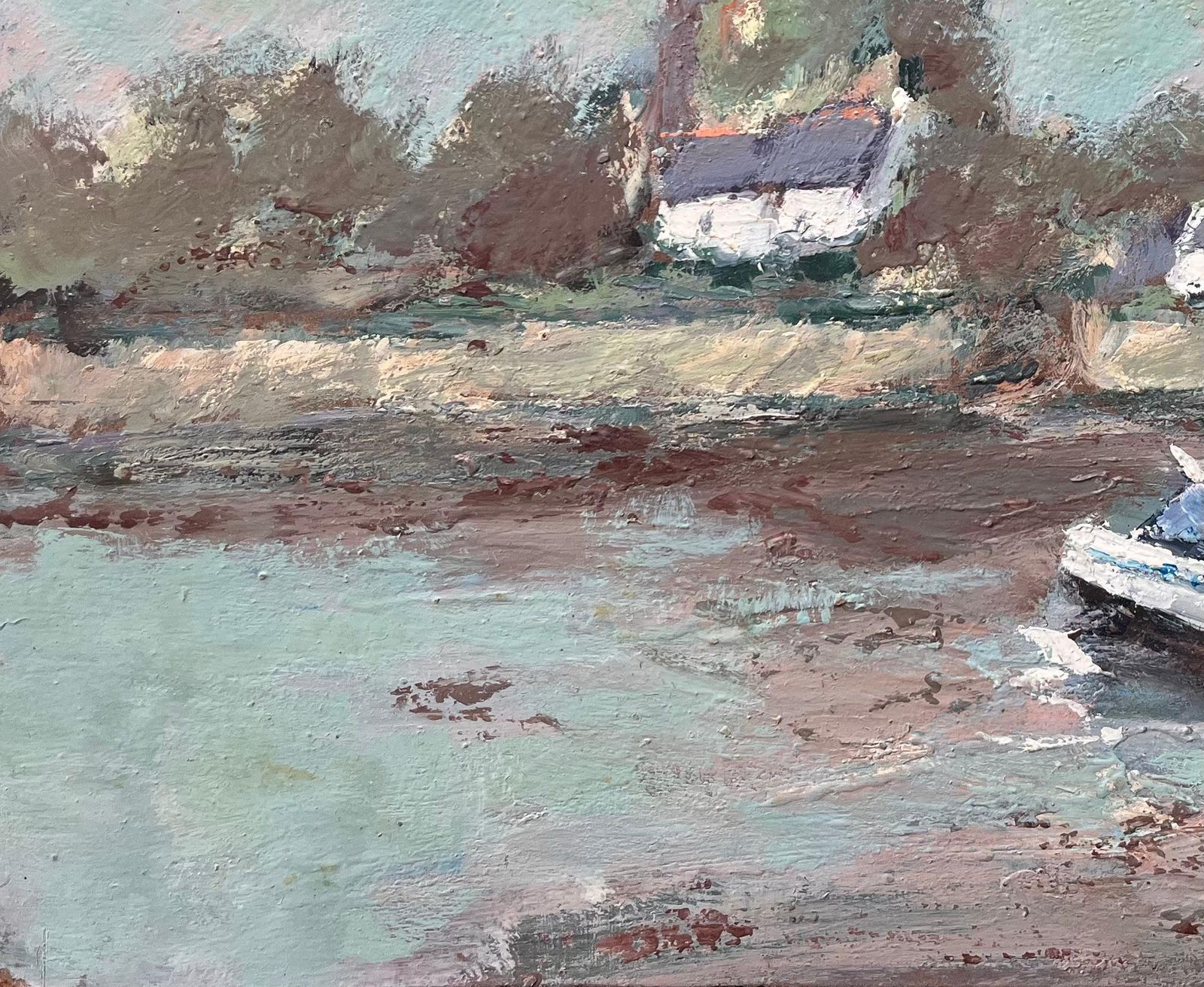 Fanch Lelfrench Impressionist Riverbank Scene With Sailboat And Church Spire photo Art