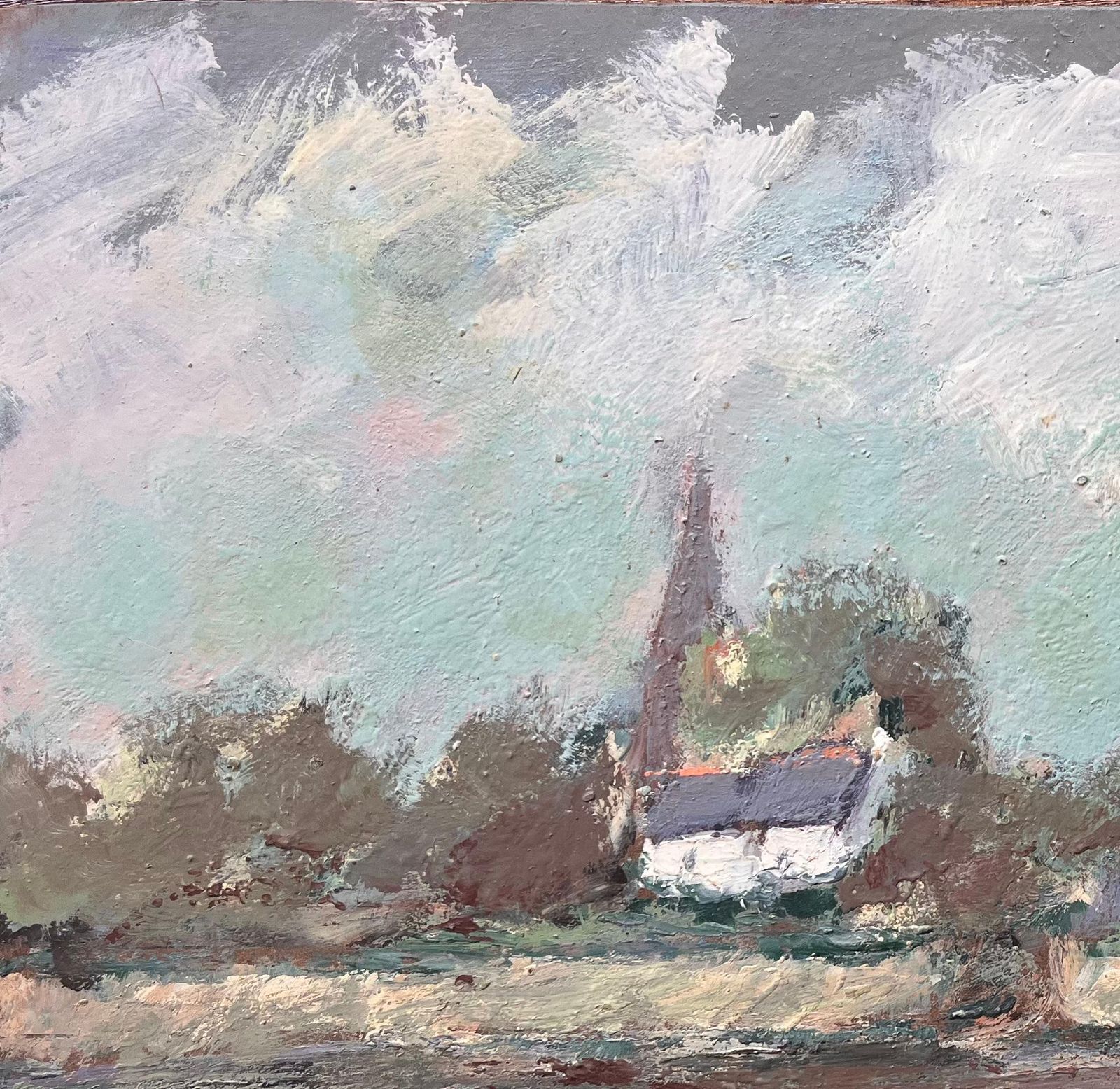 Fanch Lelfrench Impressionist Riverbank Scene With Sailboat And Church Spire photo 602.0