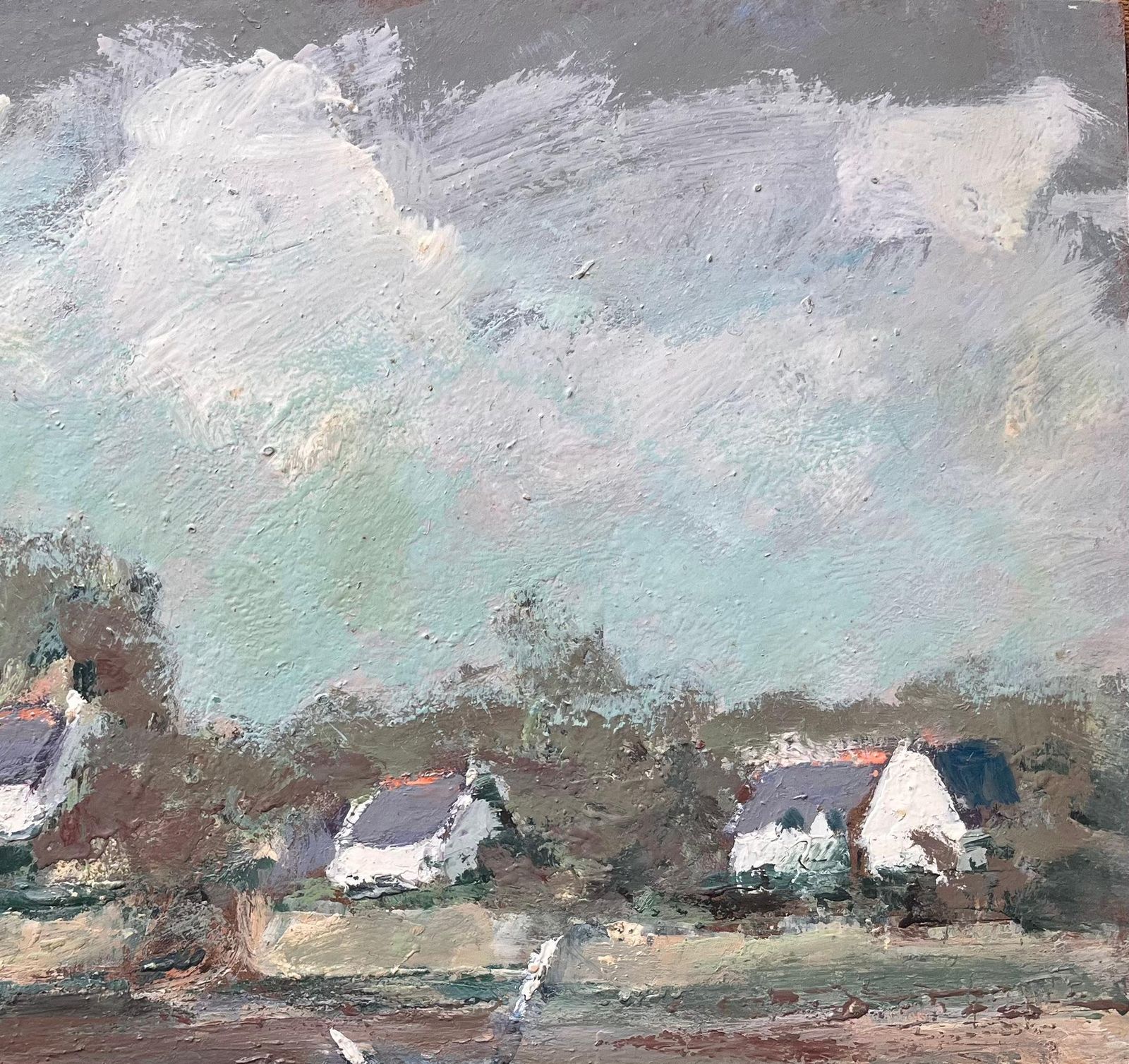 Fanch Lelfrench Impressionist Riverbank Scene With Sailboat And Church Spire photo vinterior