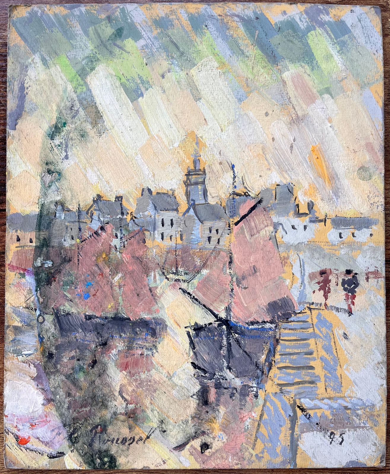 F.T Rousselfrench Abstract Port Scene Framed By Sailing Boats And Classic Town Architecture1995 photo furniture
