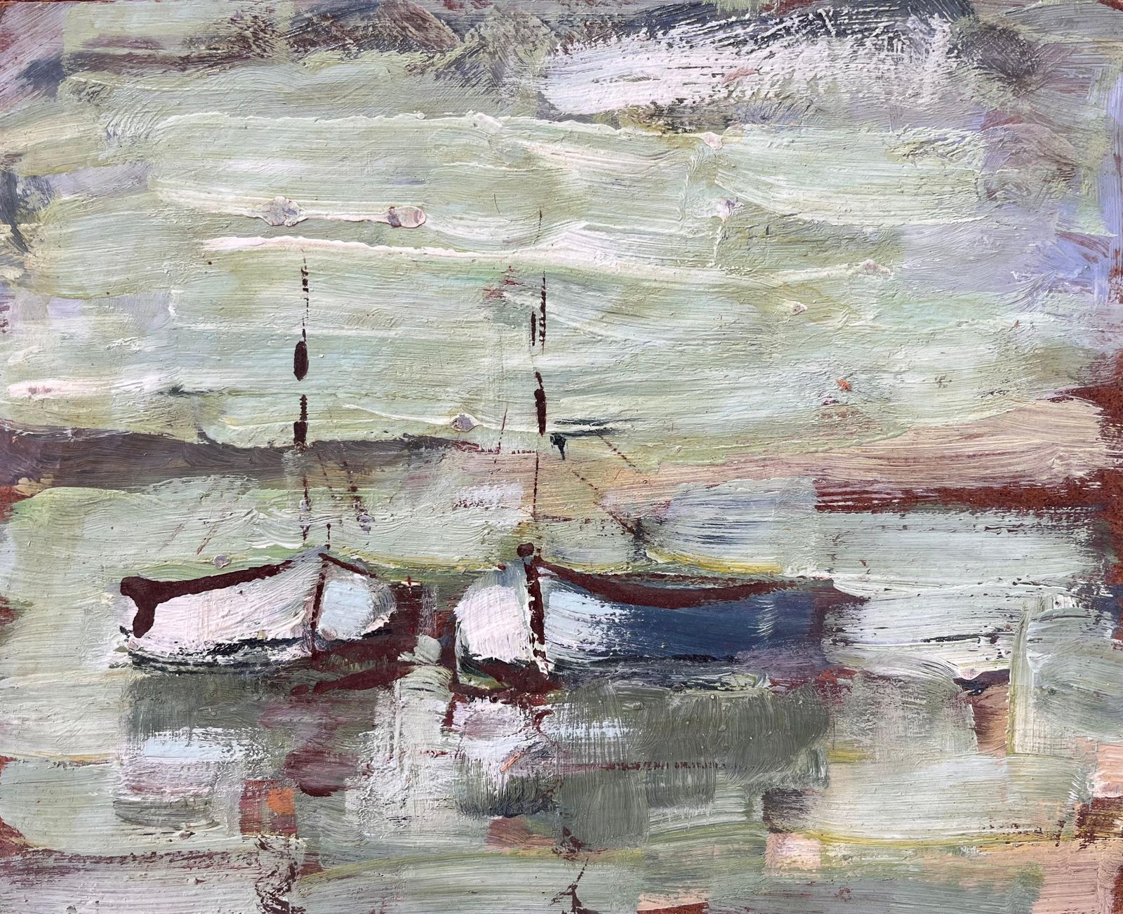 Fanch Lelimpressionist Coastal Scene With Two Small Boats On Green Reflective Water