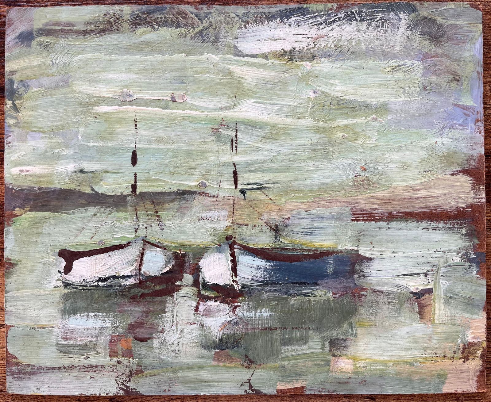 Fanch Lelimpressionist Coastal Scene With Two Small Boats On Green Reflective Water photo furniture