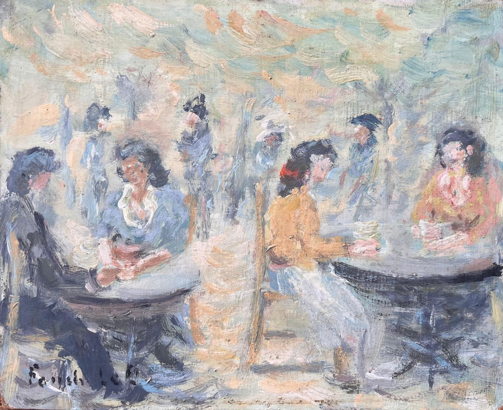 Fanch Lelimpressionist Outdoor Café Scene With Seated Figures And Dappled Light