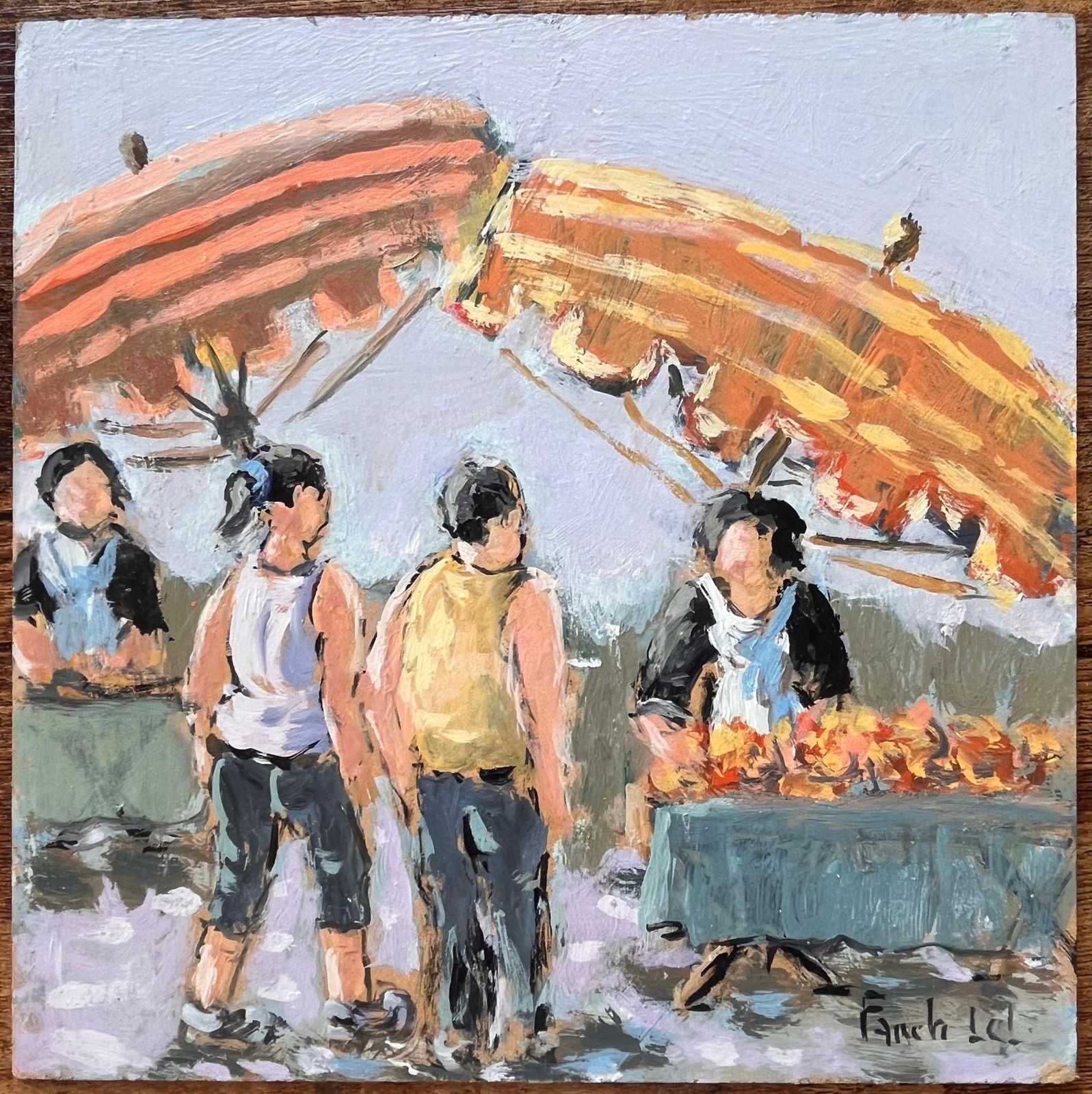 Fanch Lelimpressionist Market Scene In Dinard With Figures And Striped Parasols2009 photo furniture
