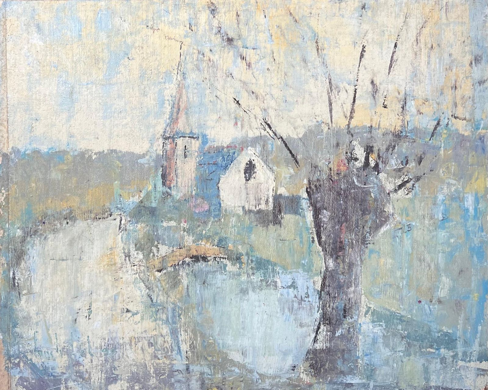 Fanch Lelbare Winter Tree In Blue River Church Landscape French Oil Painting19th Century
