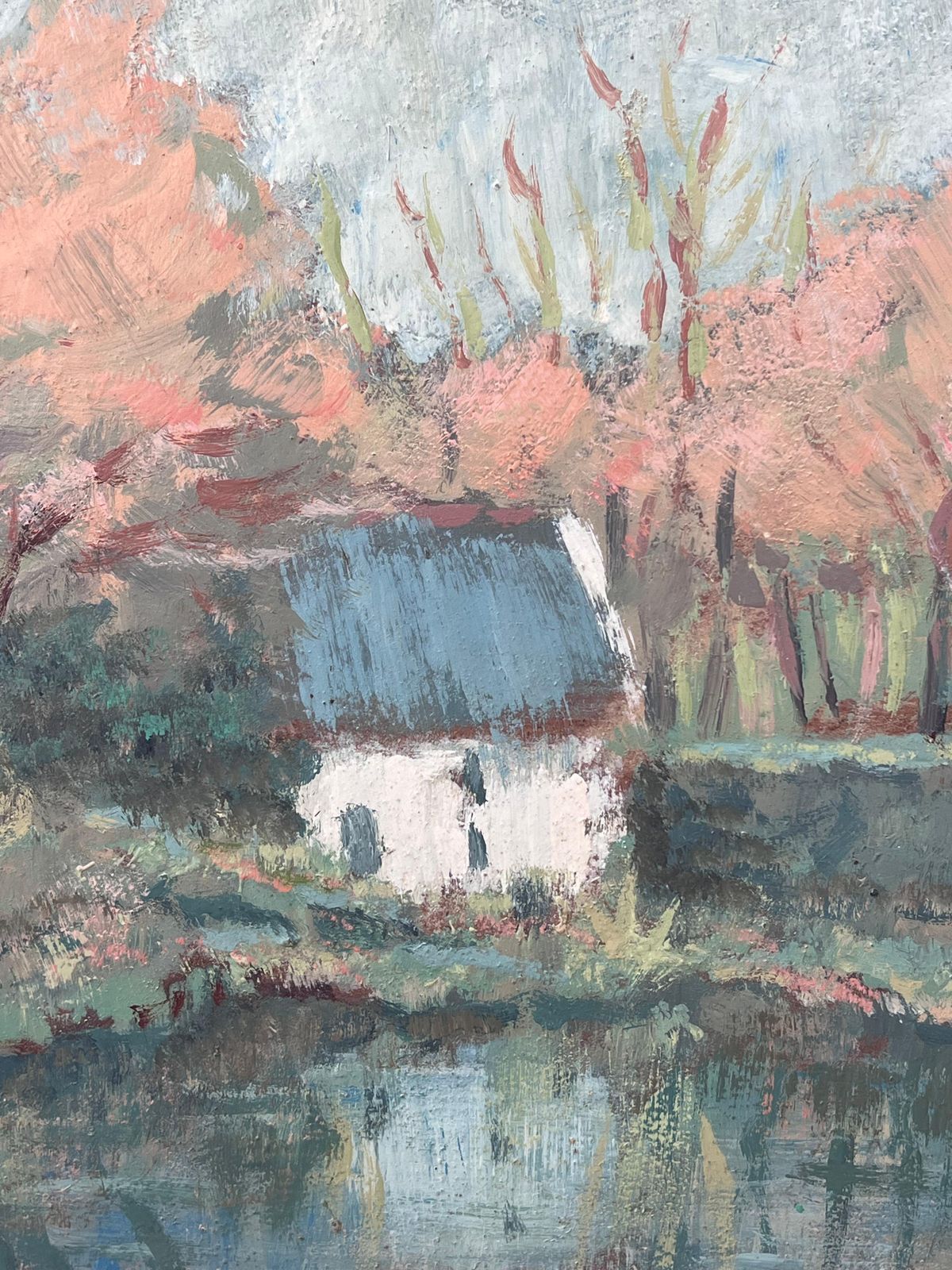 Fanch Lelwhite Cottage Hidden In The Autumnal River Forest French Oil Painting19th Century photo for sale