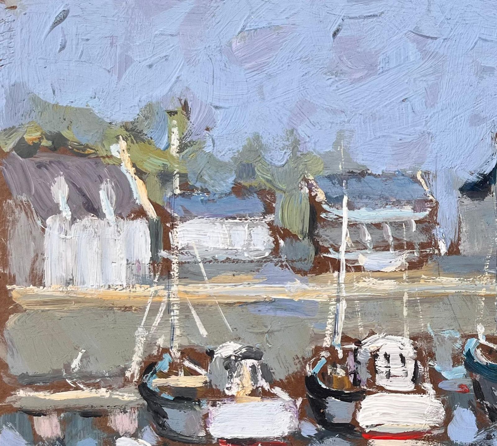 Fanch Lelaudierne French Impressionist Painting Of Boats And Harbour Reflections1999 photo for sale