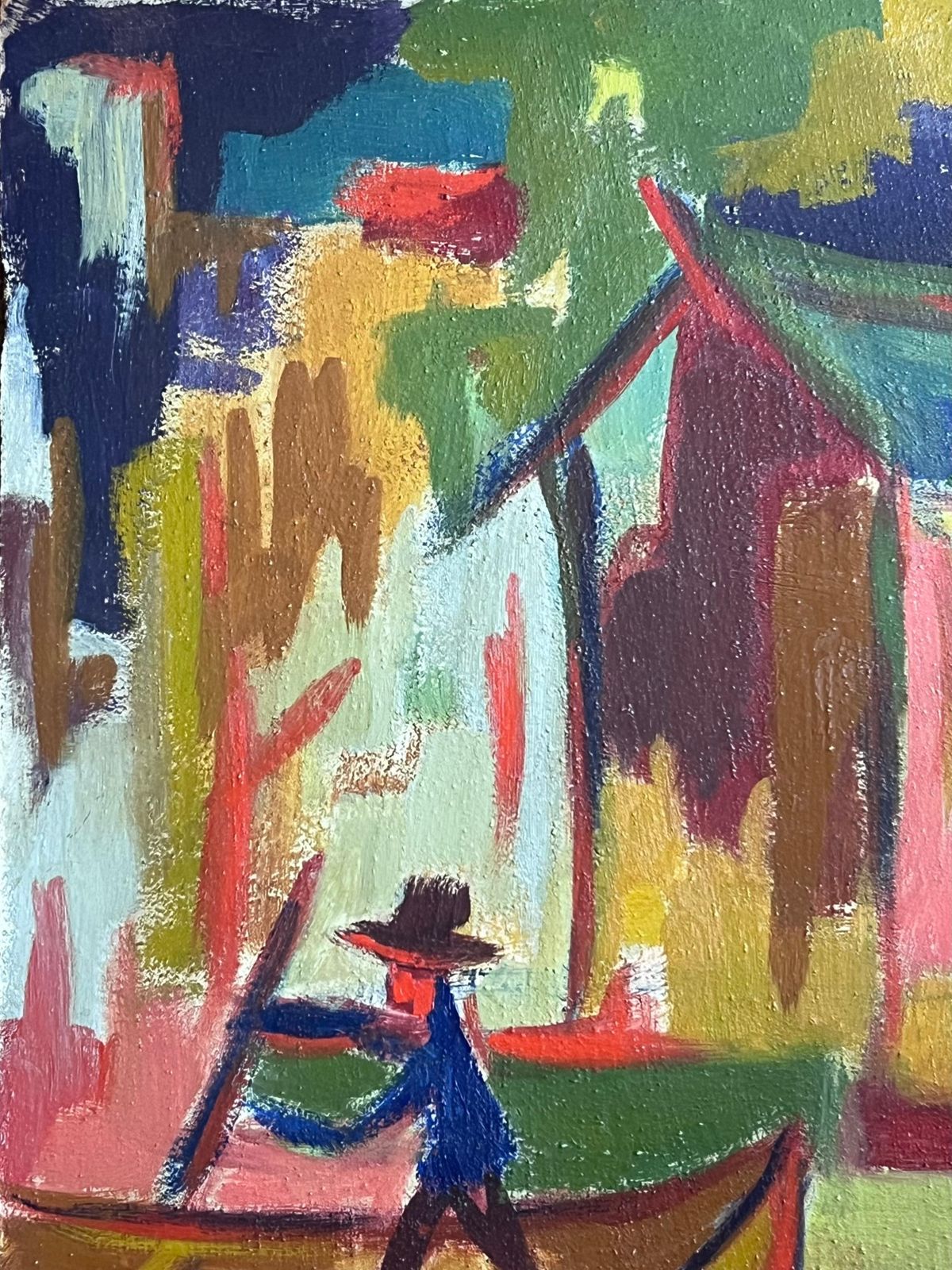 Raymond Guidotoriginal 20th Century French Modernist Oil Painting Man In Punt Boat By Houses photo furniture