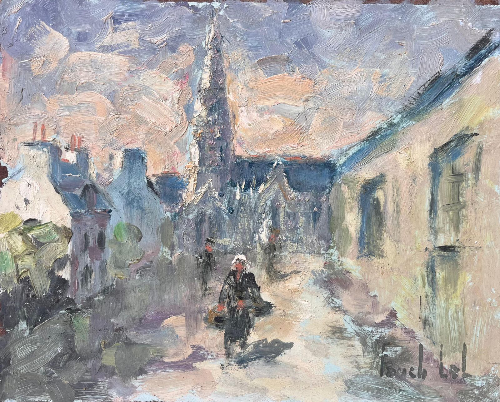 Fanch Lelst. Grawi French Impressionist Painting Of Village Street And Cathedral