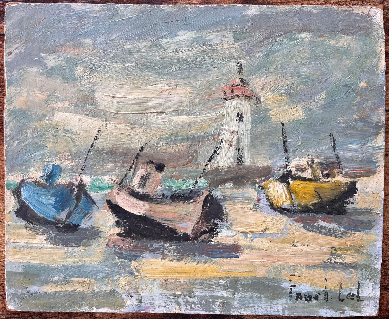 Fanch Lelbateaux French Coastal Oil Painting With Boats And Lighthouse photo furniture