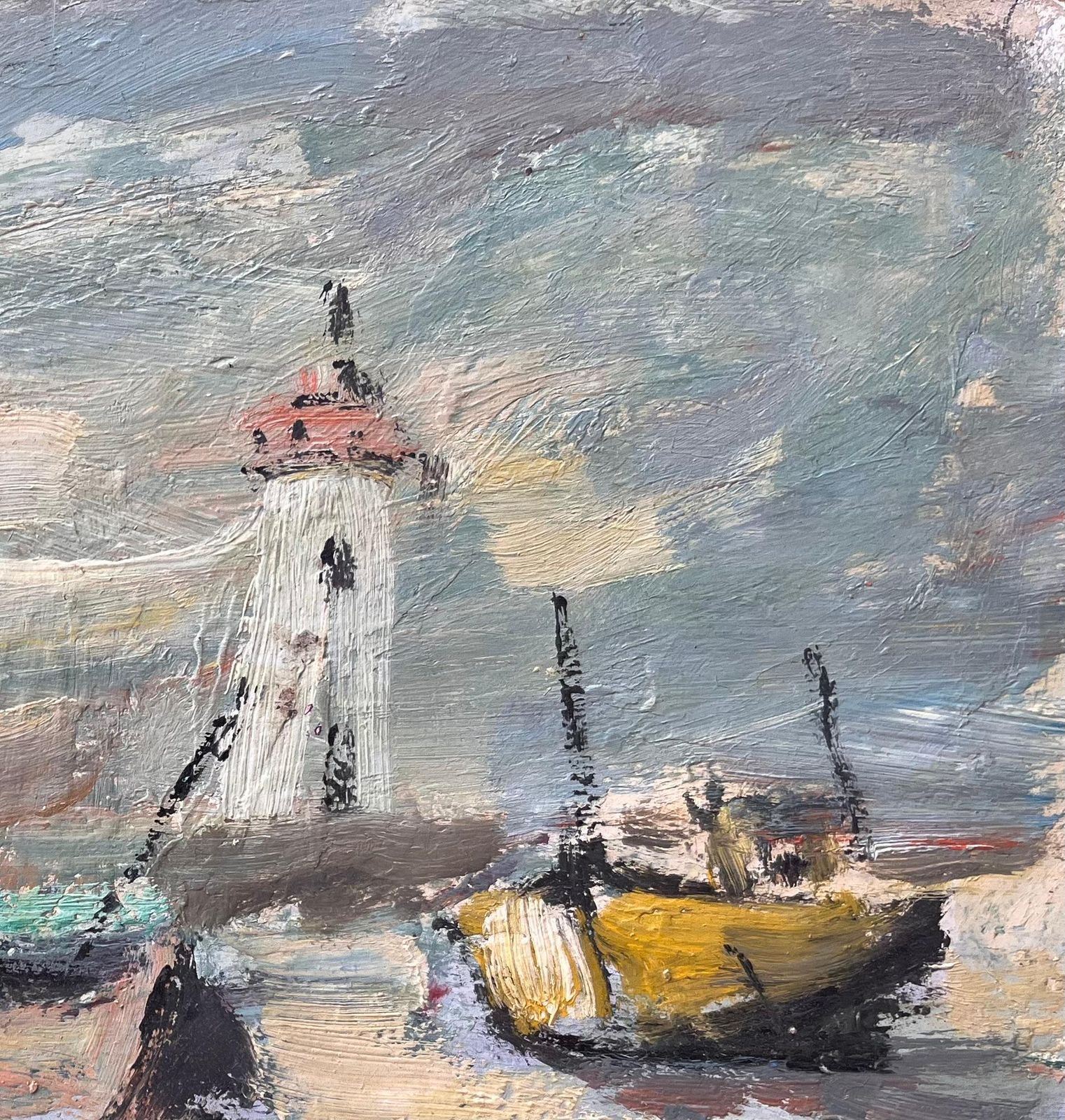 Fanch Lelbateaux French Coastal Oil Painting With Boats And Lighthouse photo for sale