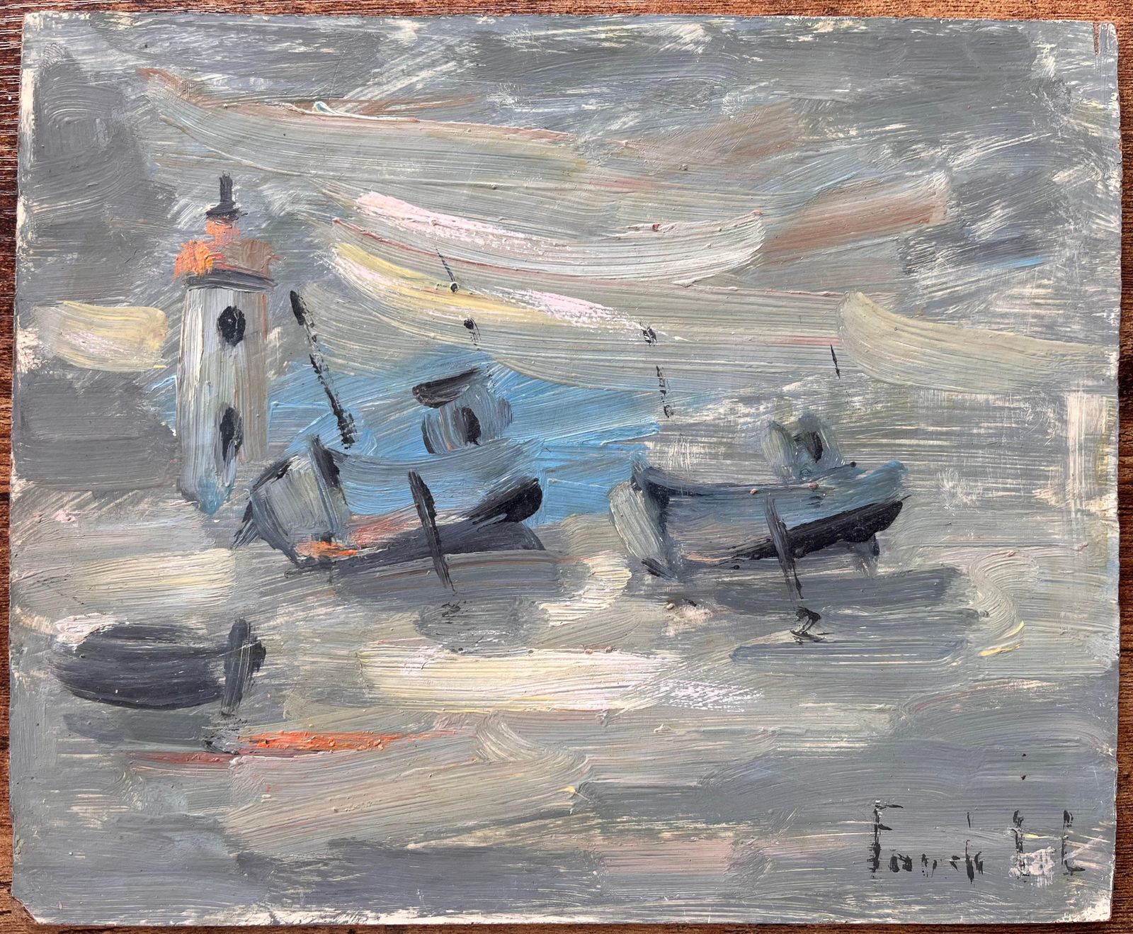 Fanch Lelbateaux French Impressionist Oil Painting Of Fishing Boats And Lighthouse photo furniture