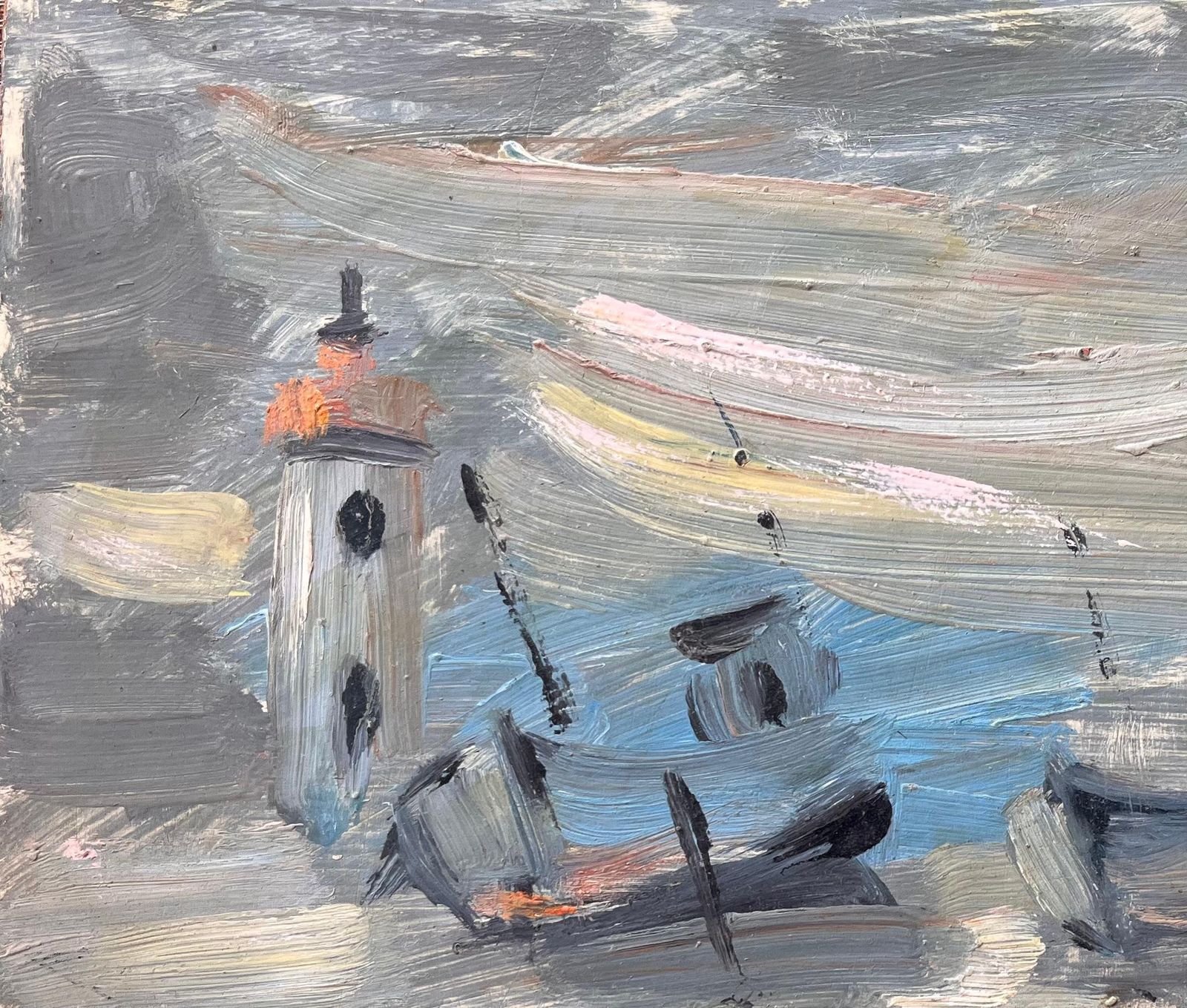 Fanch Lelbateaux French Impressionist Oil Painting Of Fishing Boats And Lighthouse photo for sale