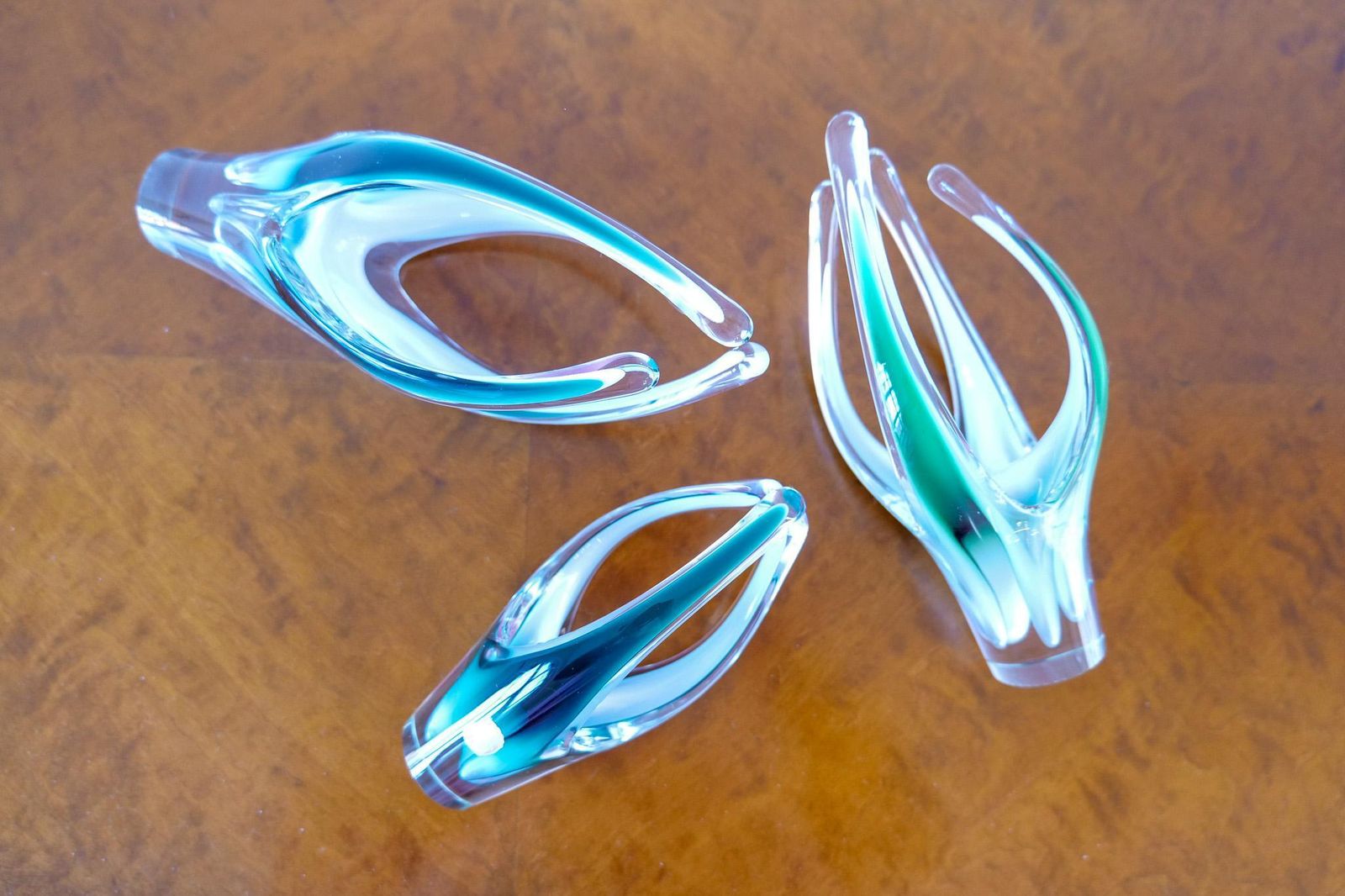 Midcentury Modern Set Of 3 Art Glass Pieces "Coquille" , Flygfors Sweden 1955 photo vinterior