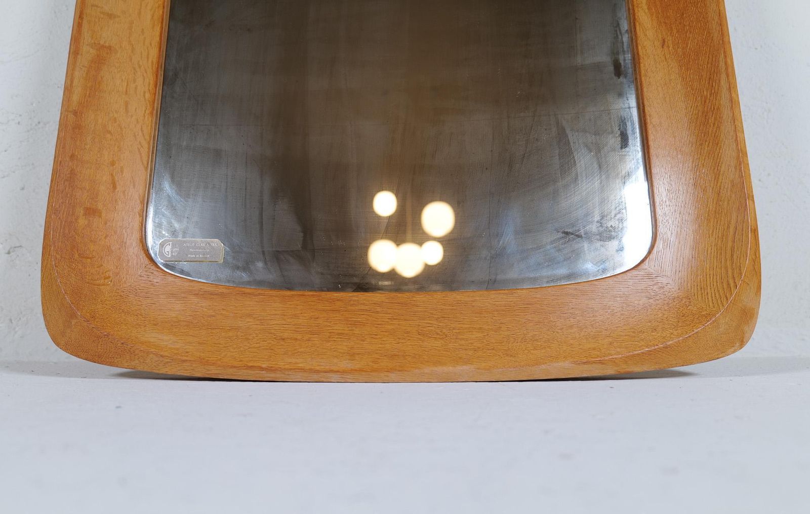 Midcentury Modern Sculptural Wall Mirror, Oak, Crystal Glass, Glas & Trä, 1960s photo buy