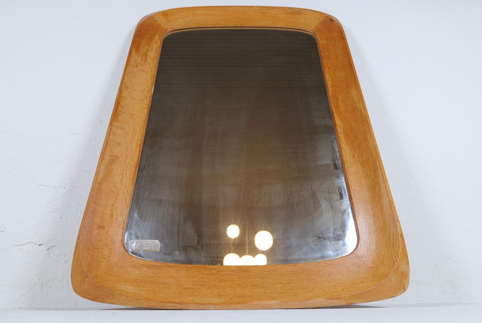 Midcentury Modern Sculptural Wall Mirror, Oak, Crystal Glass, Glas & Trä, 1960s photo vintage