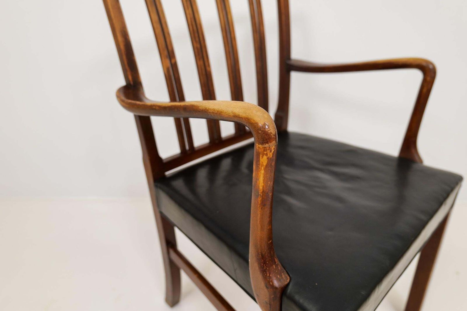 Midcentury Armchair Ole Wanscher For Fritz Hansen, Stained Beech And Leather photo buy