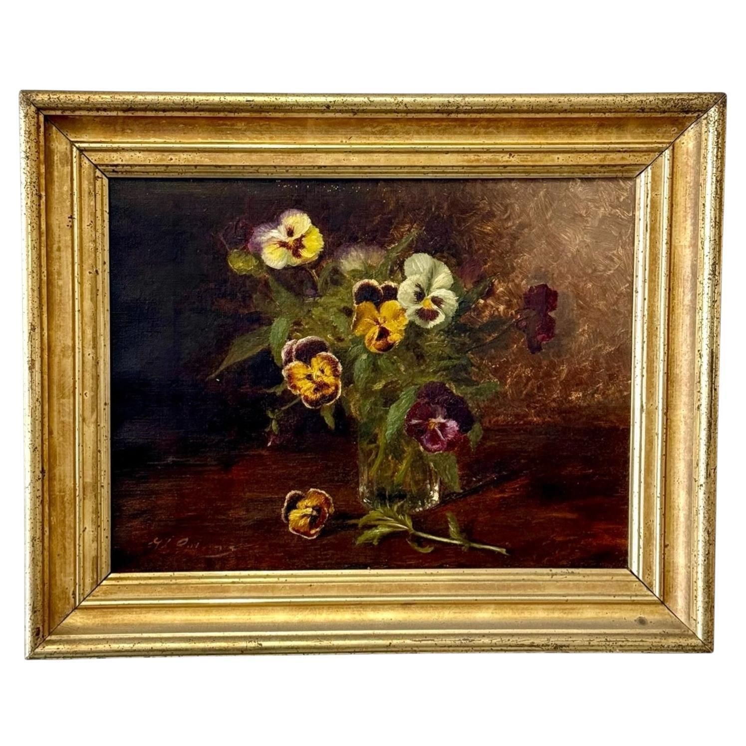 19th Century Oil Painting Of Pansies In Glass Vase With Giltwood Frame